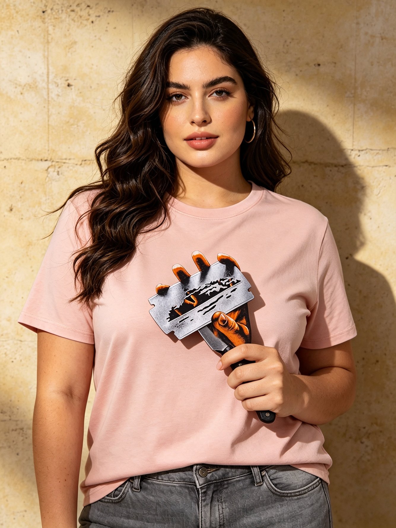 Light Pink Knitted Cotton Graphic T-Shirt