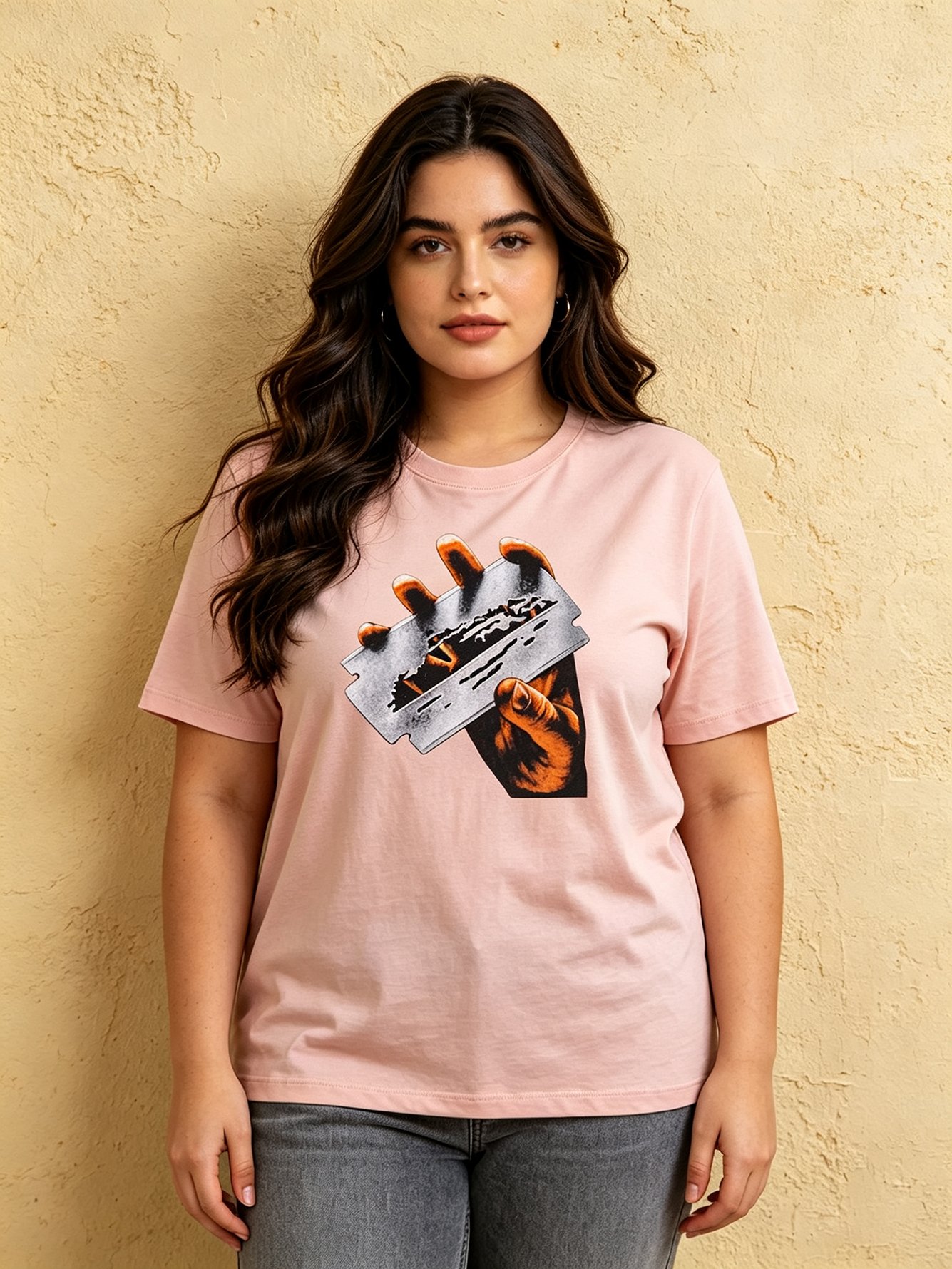 Light Pink Knitted Cotton Graphic T-Shirt