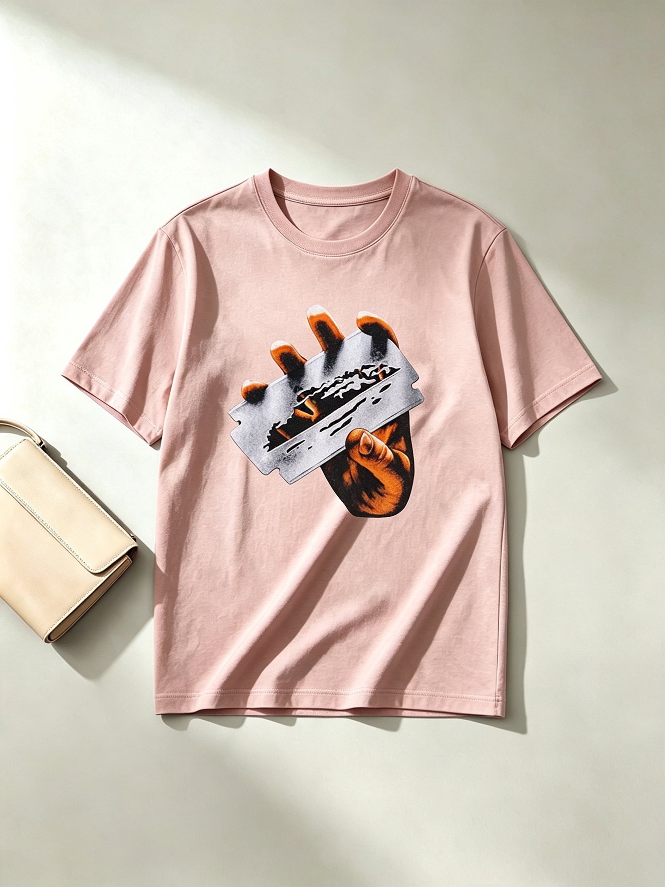 Light Pink Knitted Cotton Graphic T-Shirt