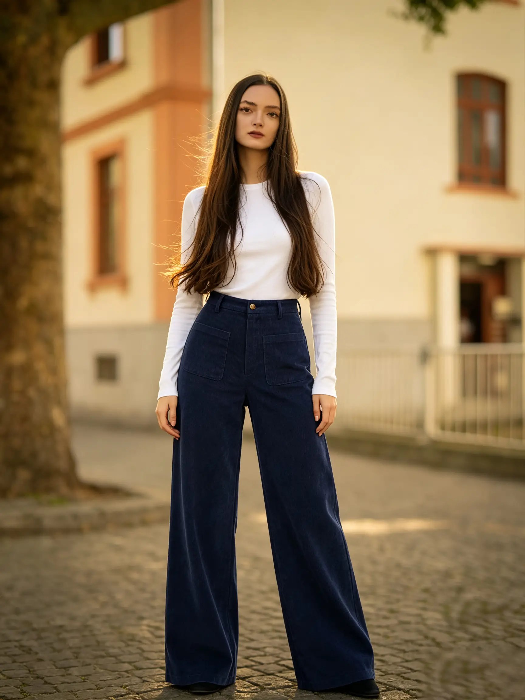 Dark Blue High-Waist Wide Leg Corduroy Trousers
