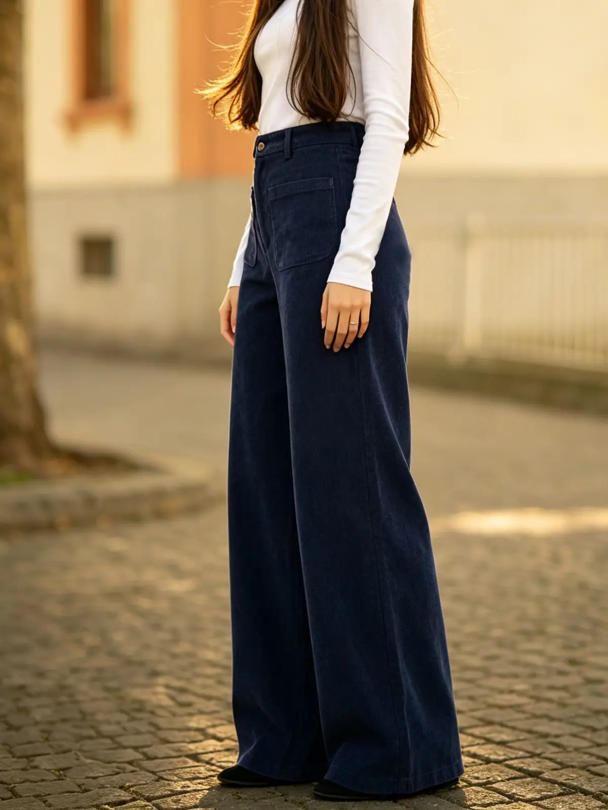 Dark Blue High-Waist Wide Leg Corduroy Trousers