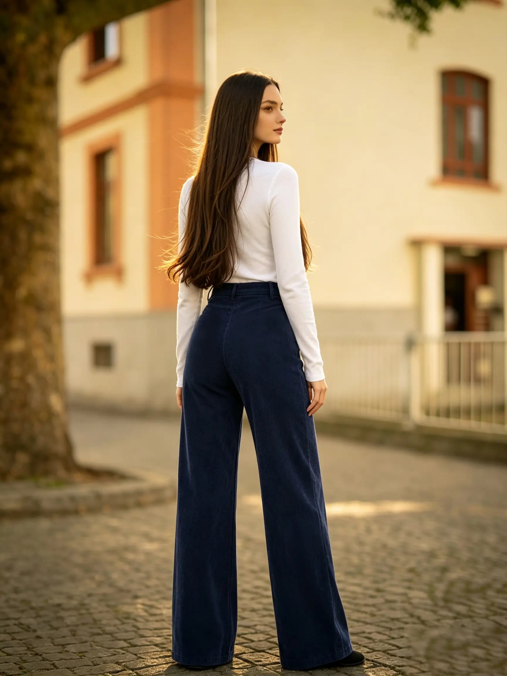 Dark Blue High-Waist Wide Leg Corduroy Trousers