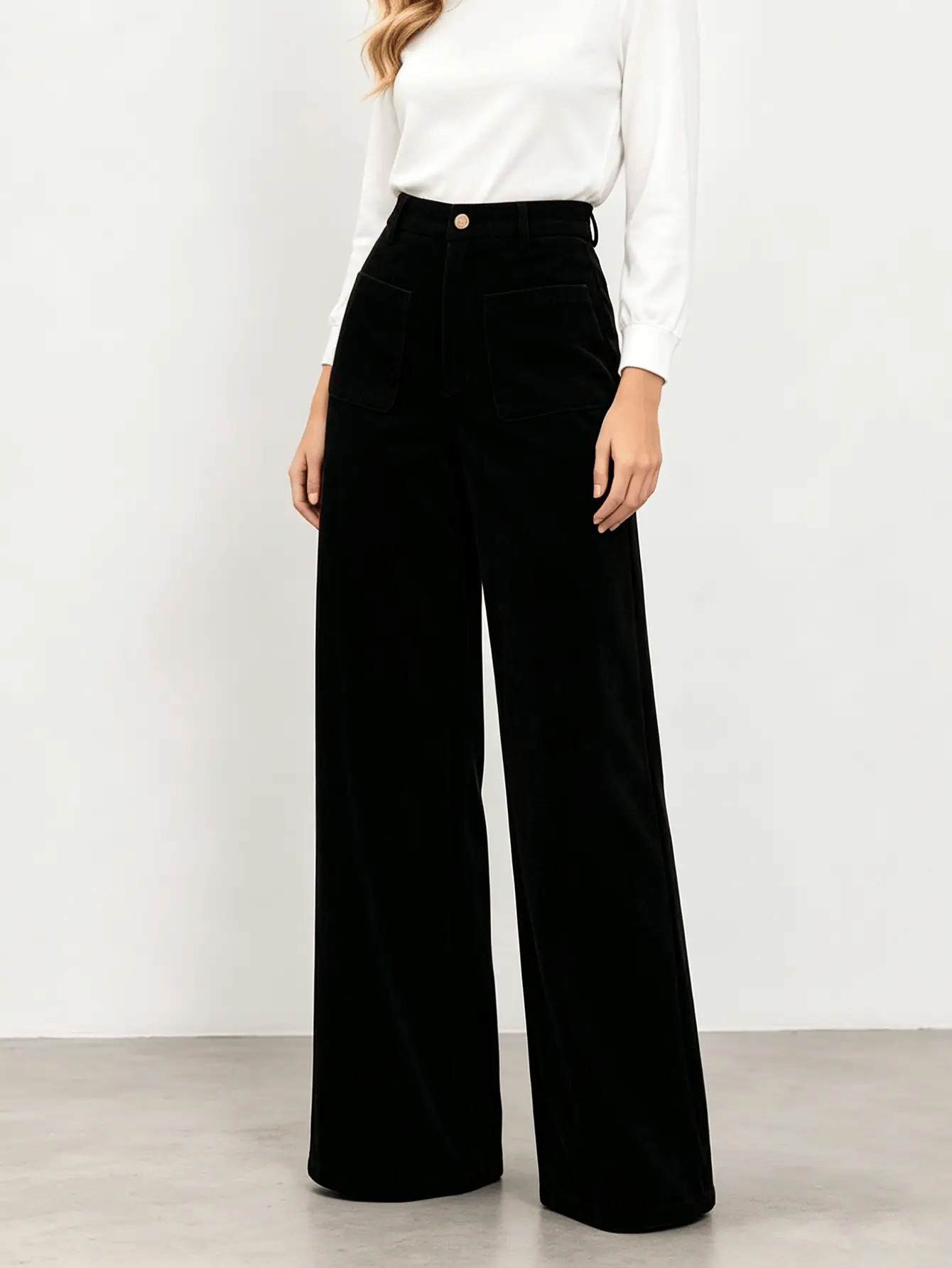 Black High-Waist Wide-Leg Corduroy Trousers