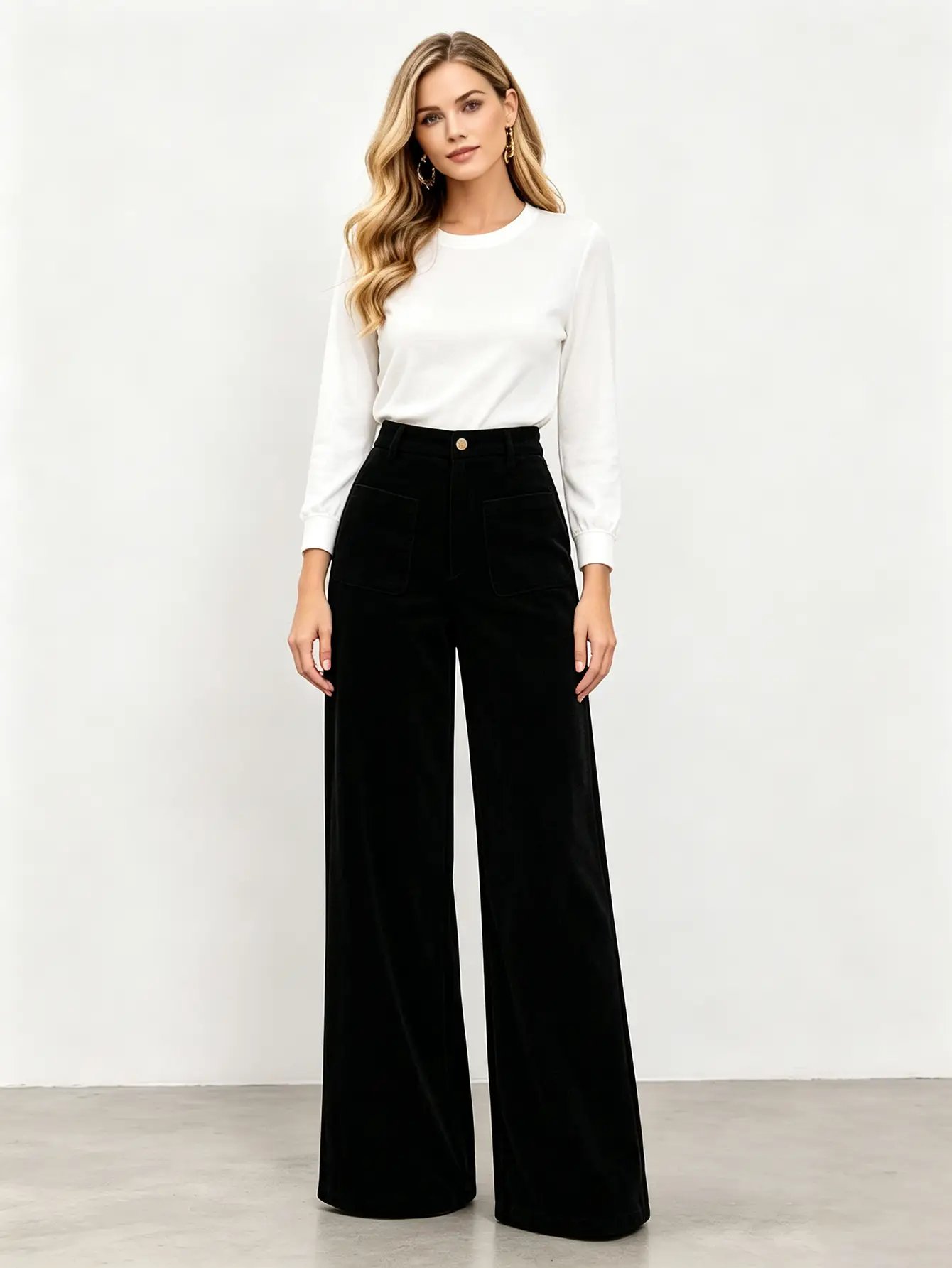 Black High-Waist Wide-Leg Corduroy Trousers