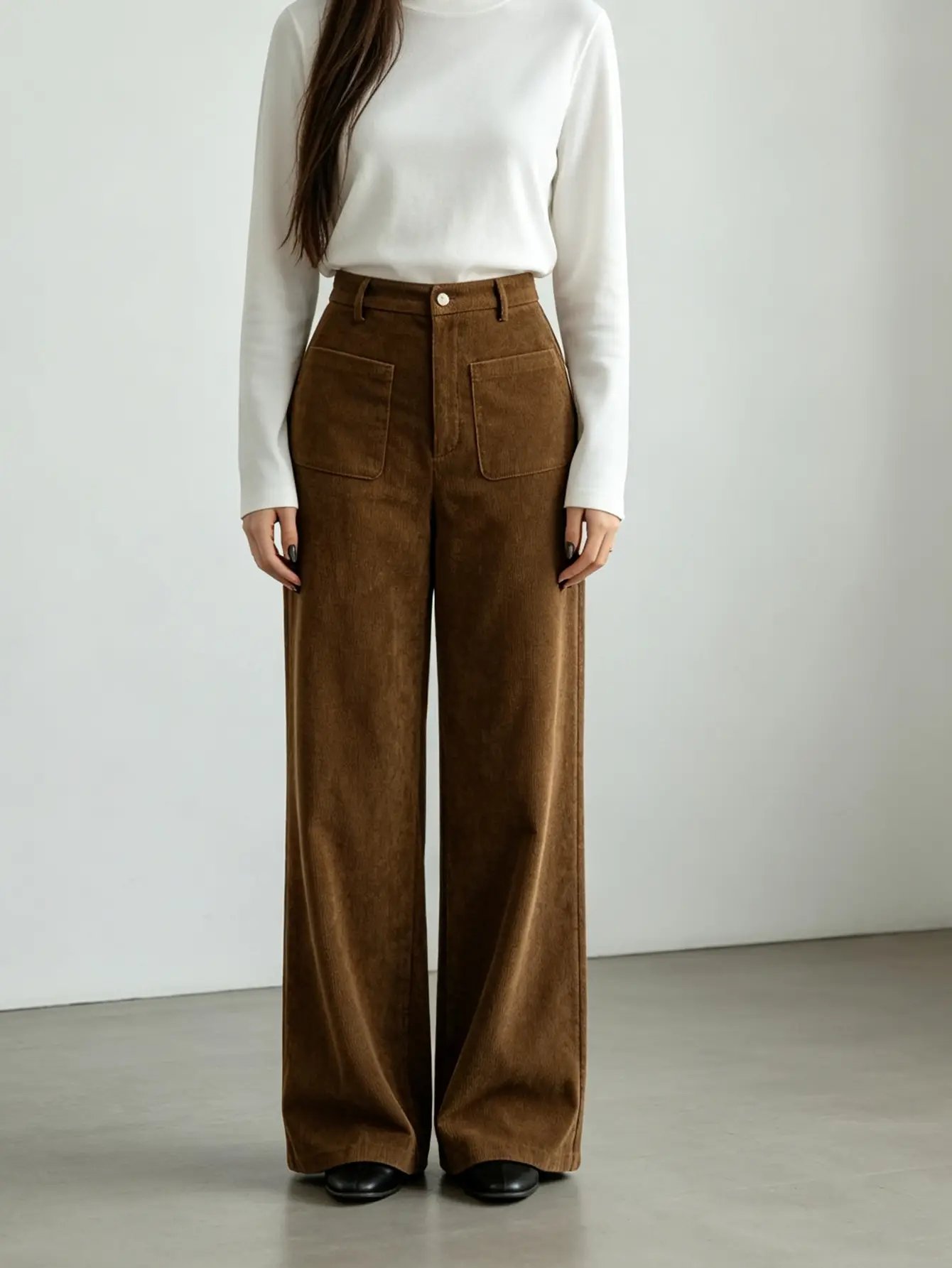 Brown High-Waist Wide Leg Corduroy Trousers