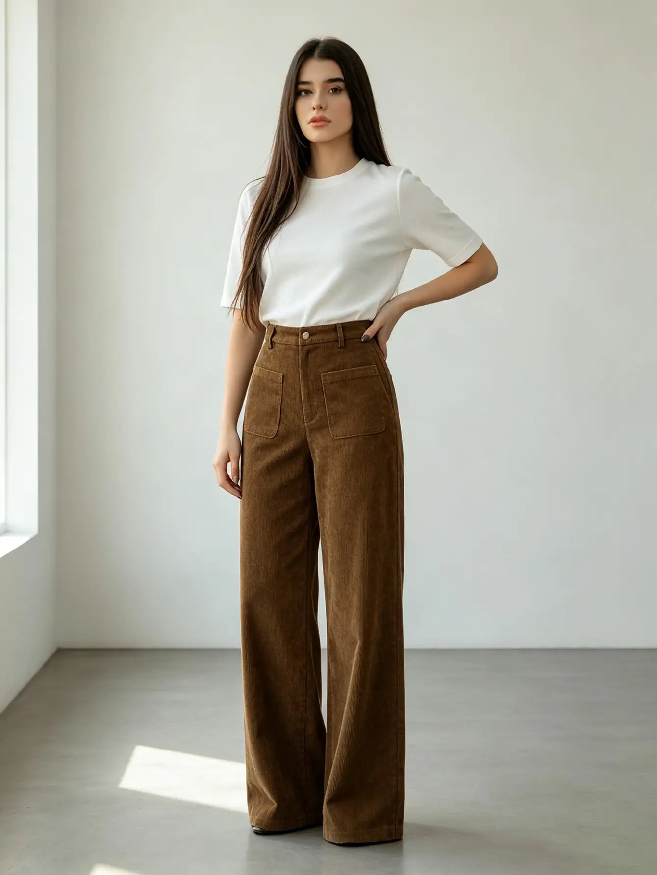 Brown High-Waist Wide Leg Corduroy Trousers