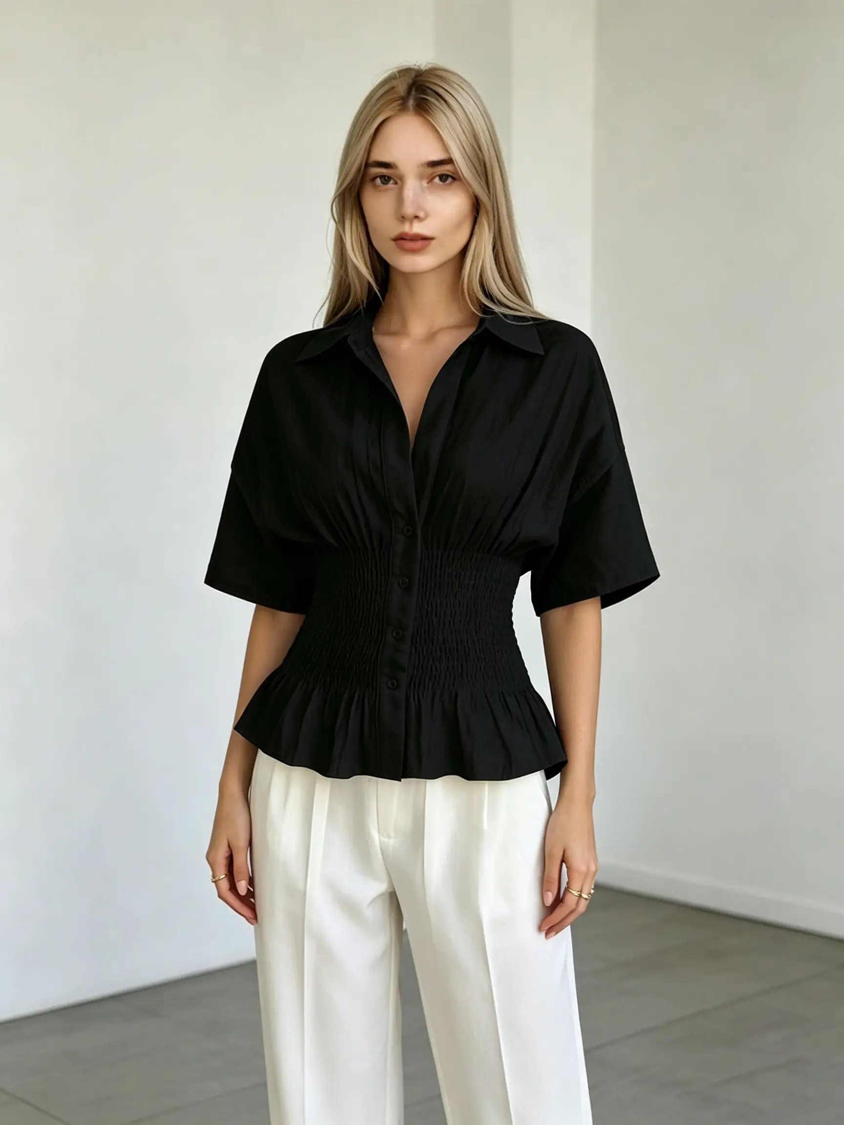 Black Long Sleeve Smocked Waist Blouse