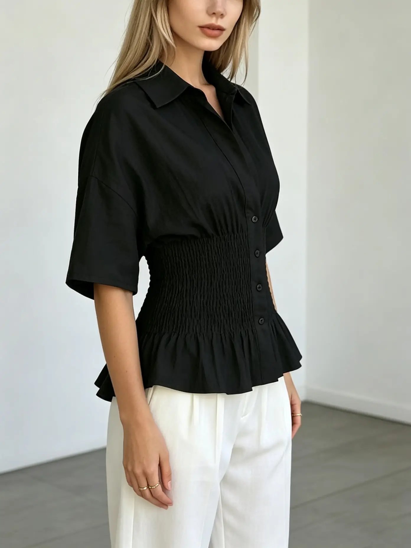 Black Long Sleeve Smocked Waist Blouse
