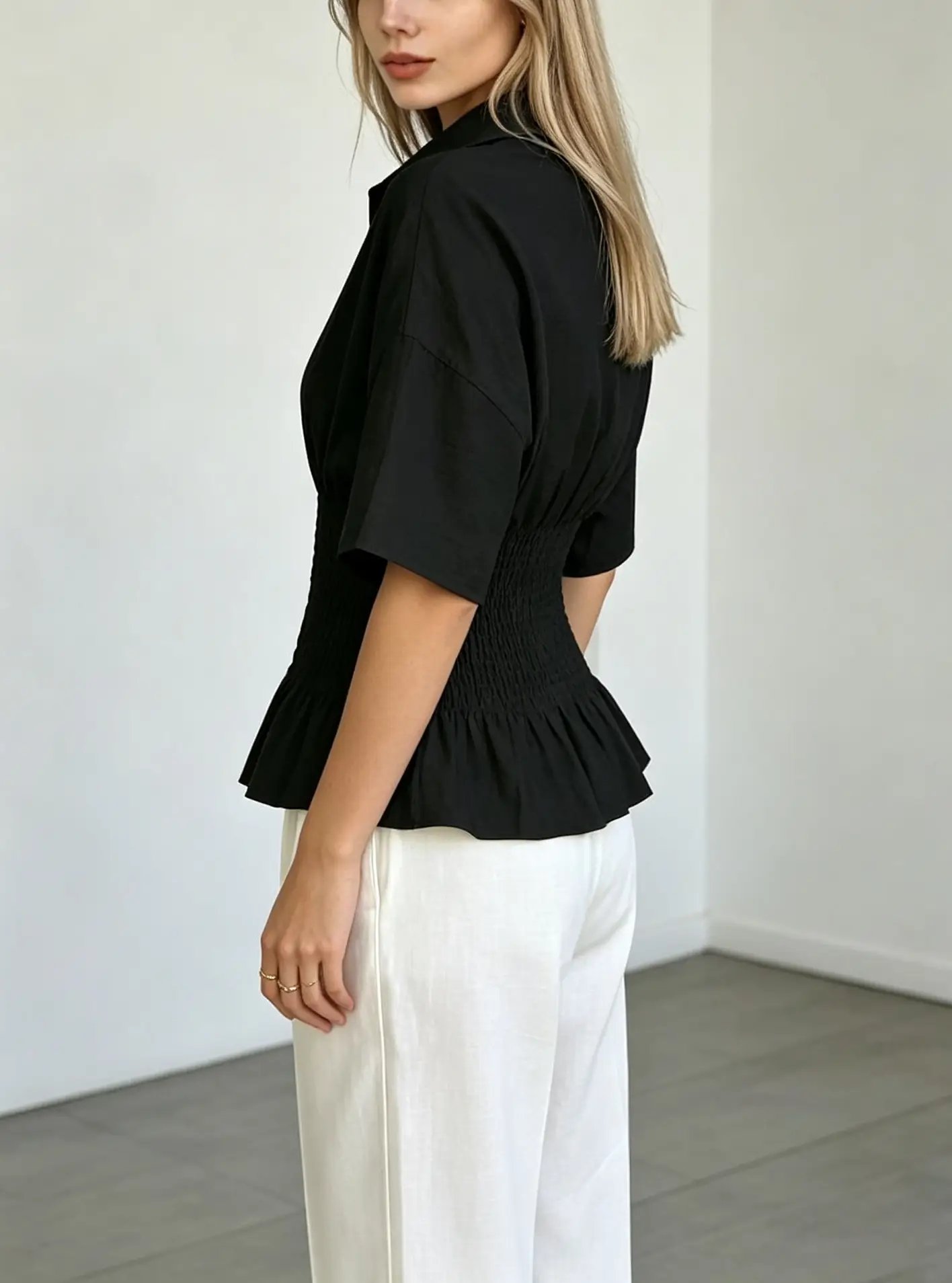 Black Long Sleeve Smocked Waist Blouse