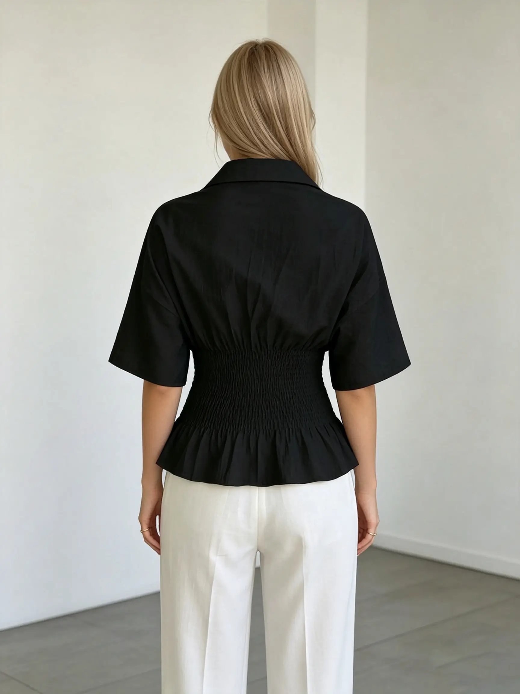 Black Long Sleeve Smocked Waist Blouse