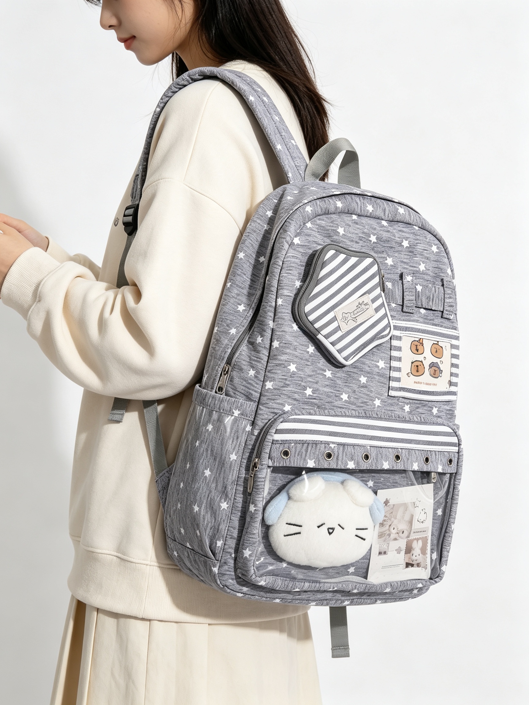 Charcoal Star Print Casual Backpack