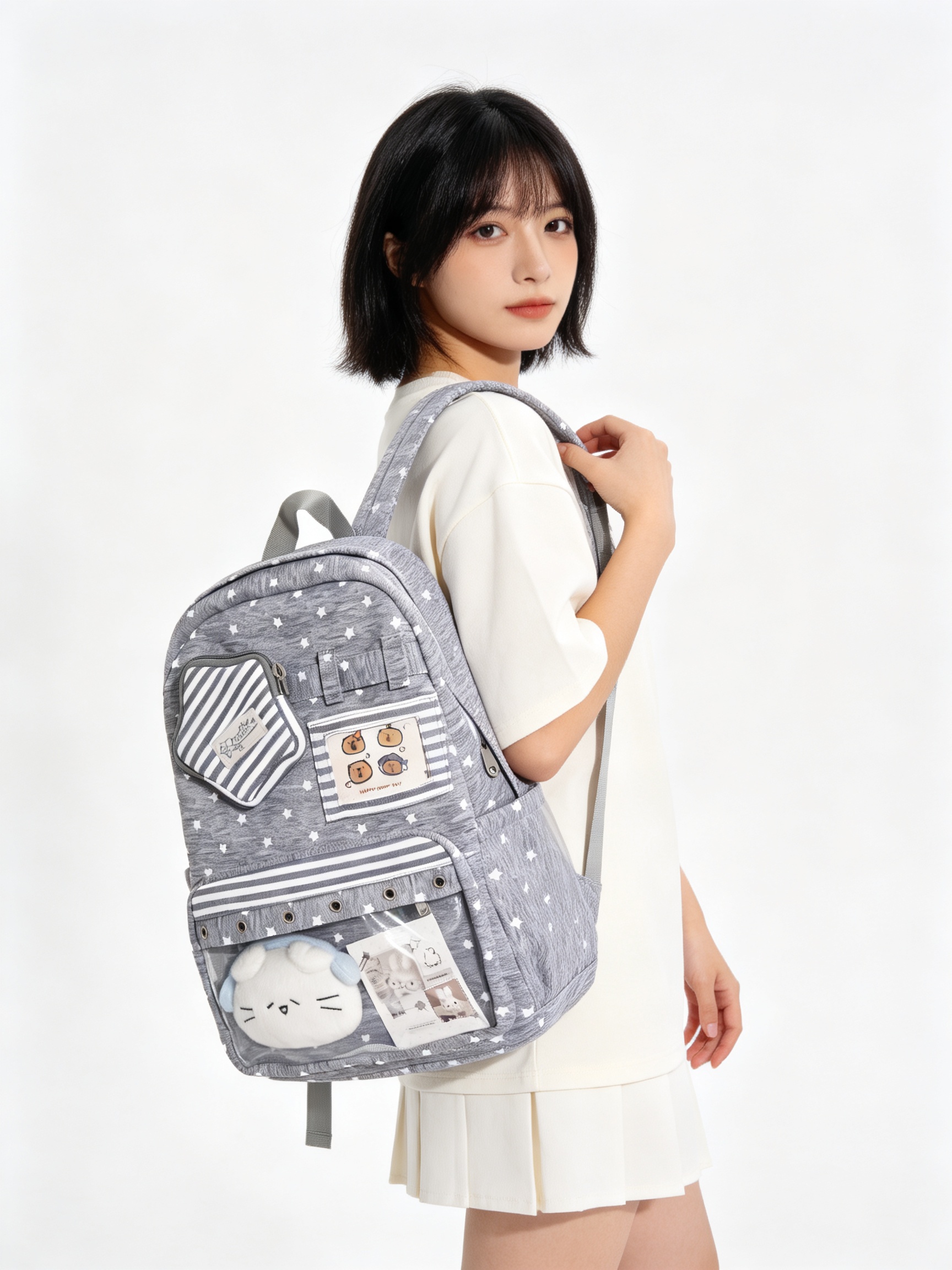 Charcoal Star Print Casual Backpack