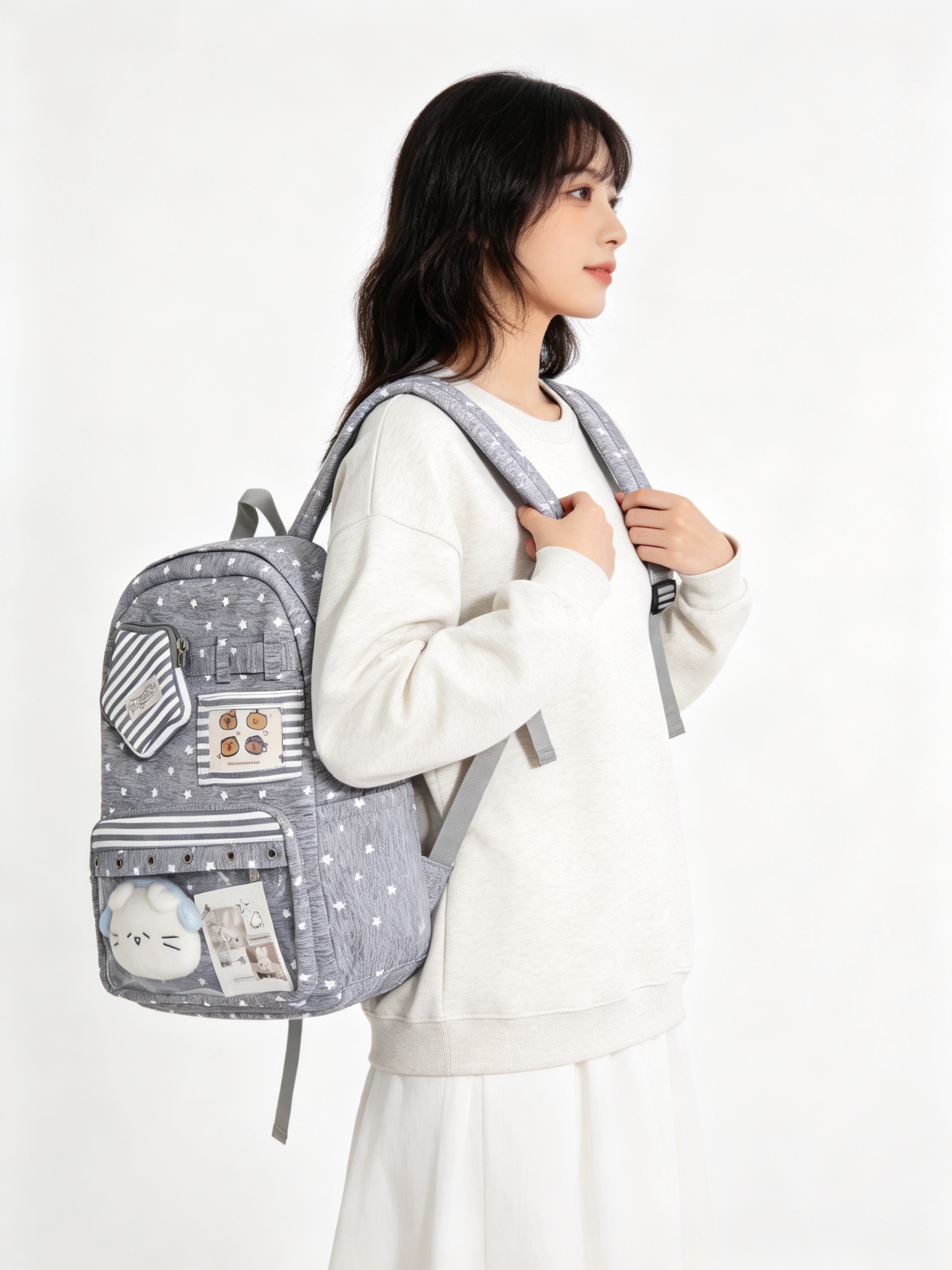 Charcoal Star Print Casual Backpack