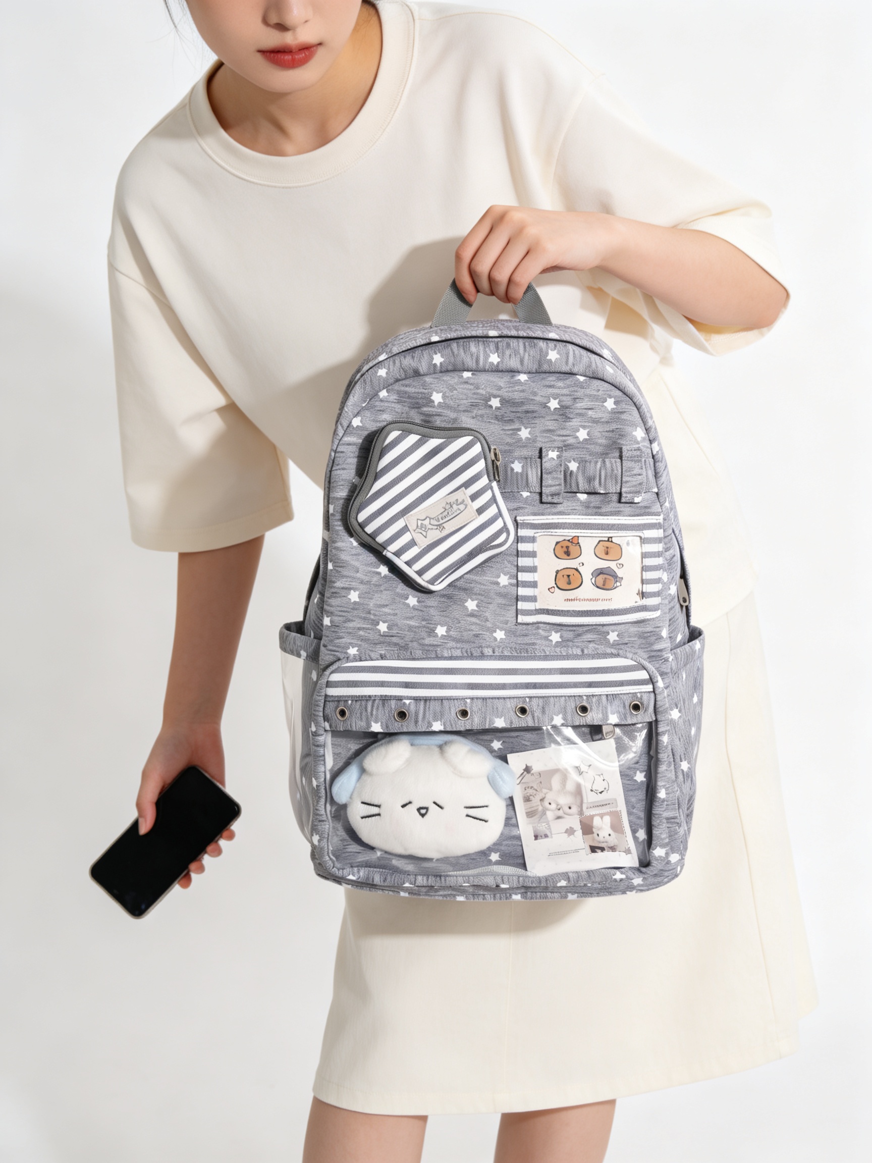 Charcoal Star Print Casual Backpack