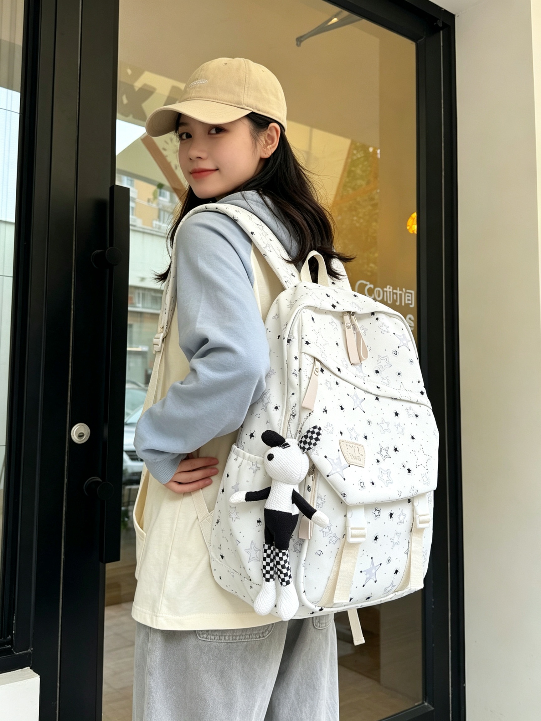 Beige Star Print Backpack with Charm