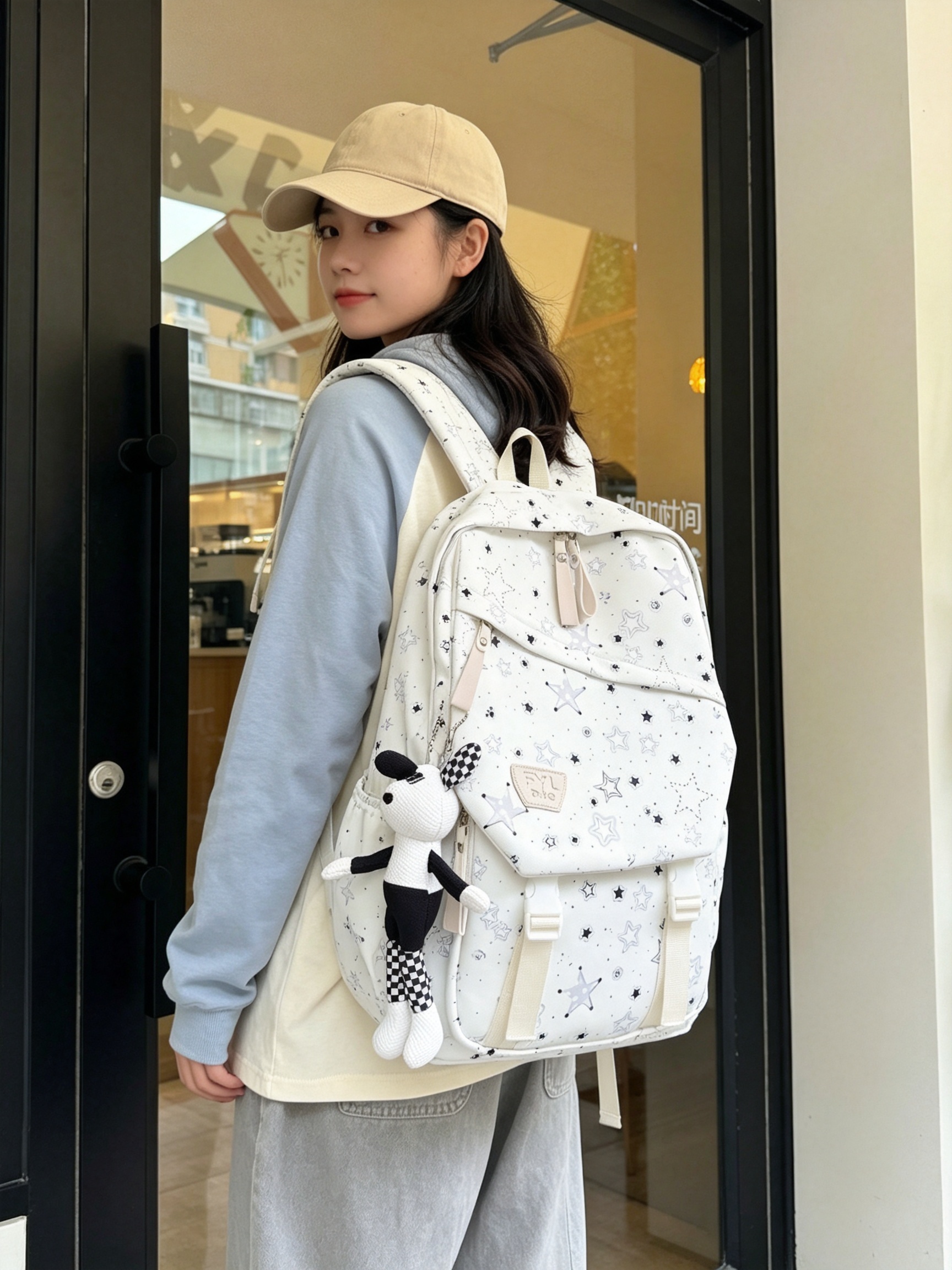 Beige Star Print Backpack with Charm