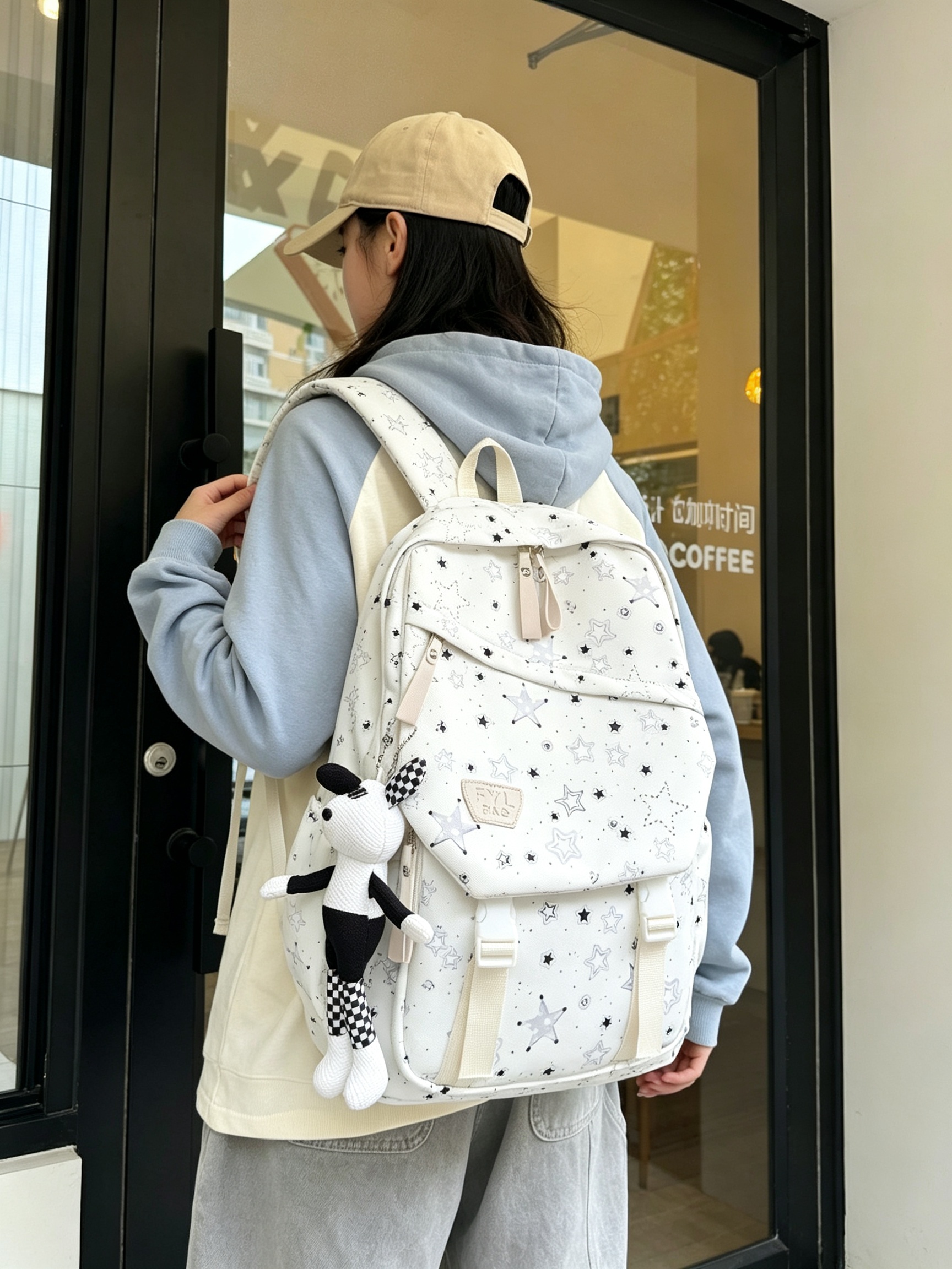 Beige Star Print Backpack with Charm