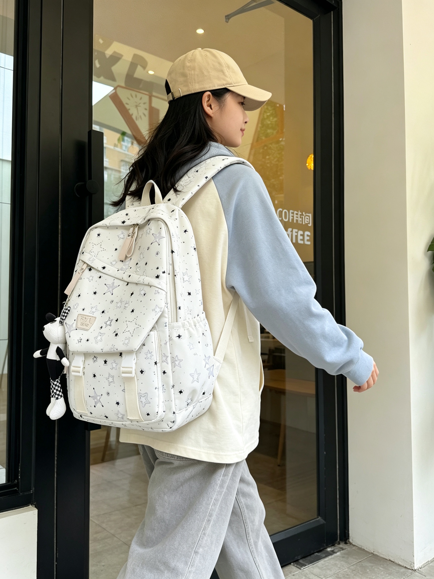Beige Star Print Backpack with Charm
