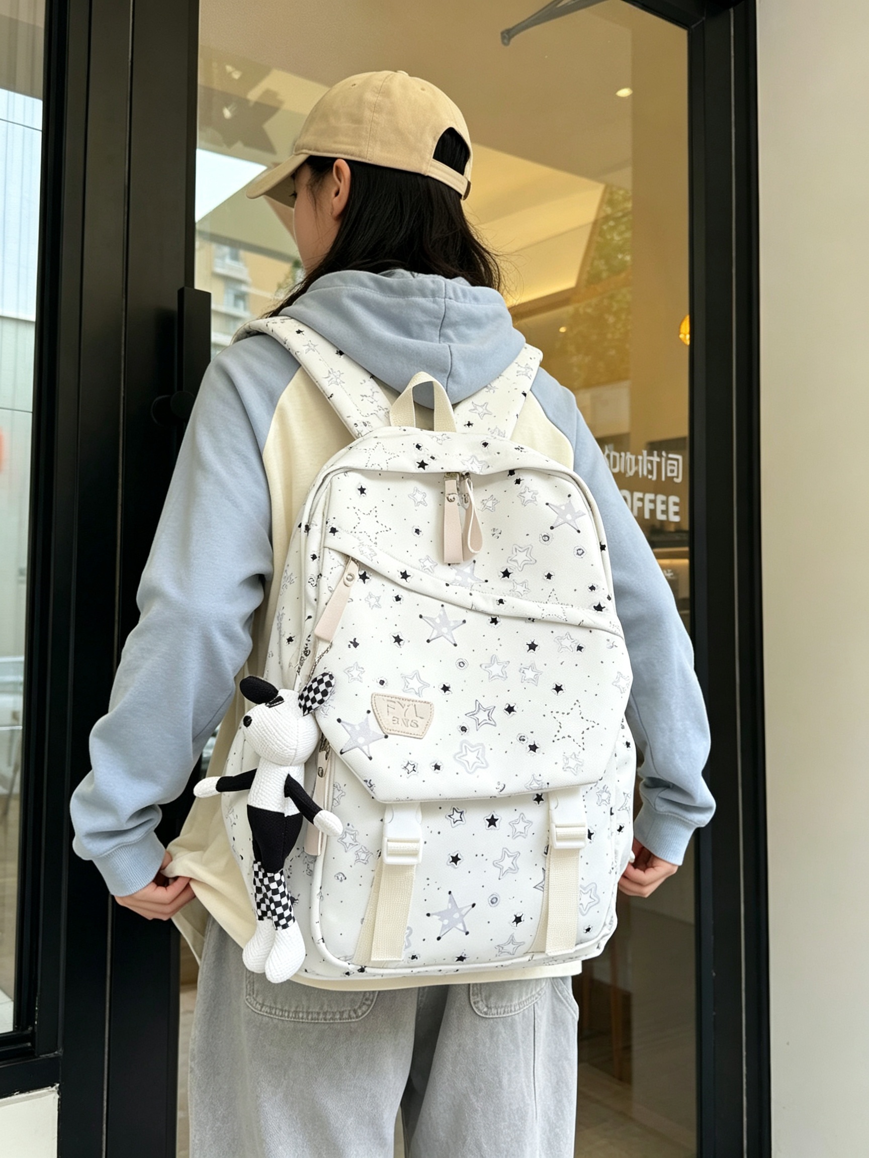 Beige Star Print Backpack with Charm
