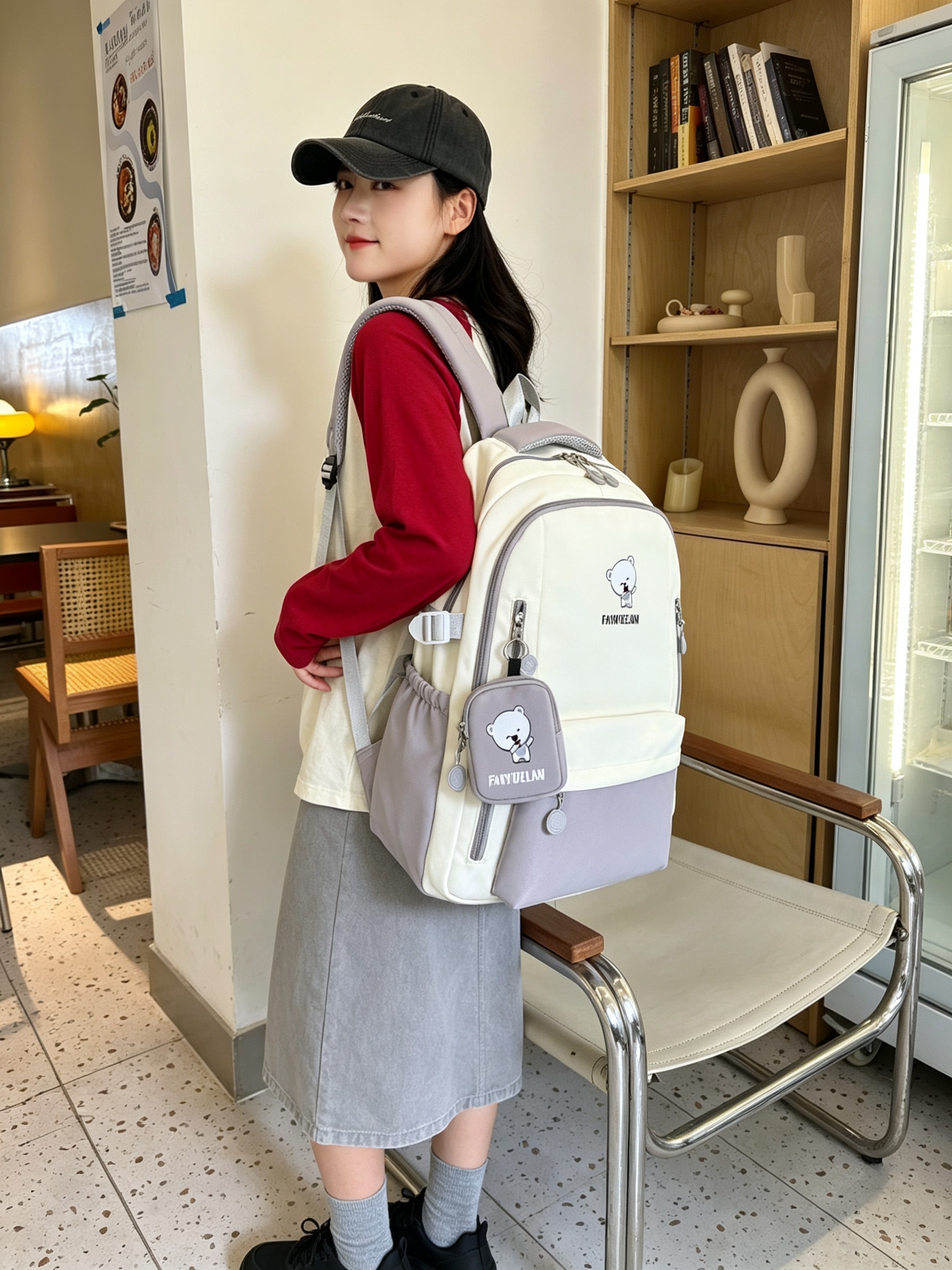 Multi-Color Bear Print Backpack with Charm