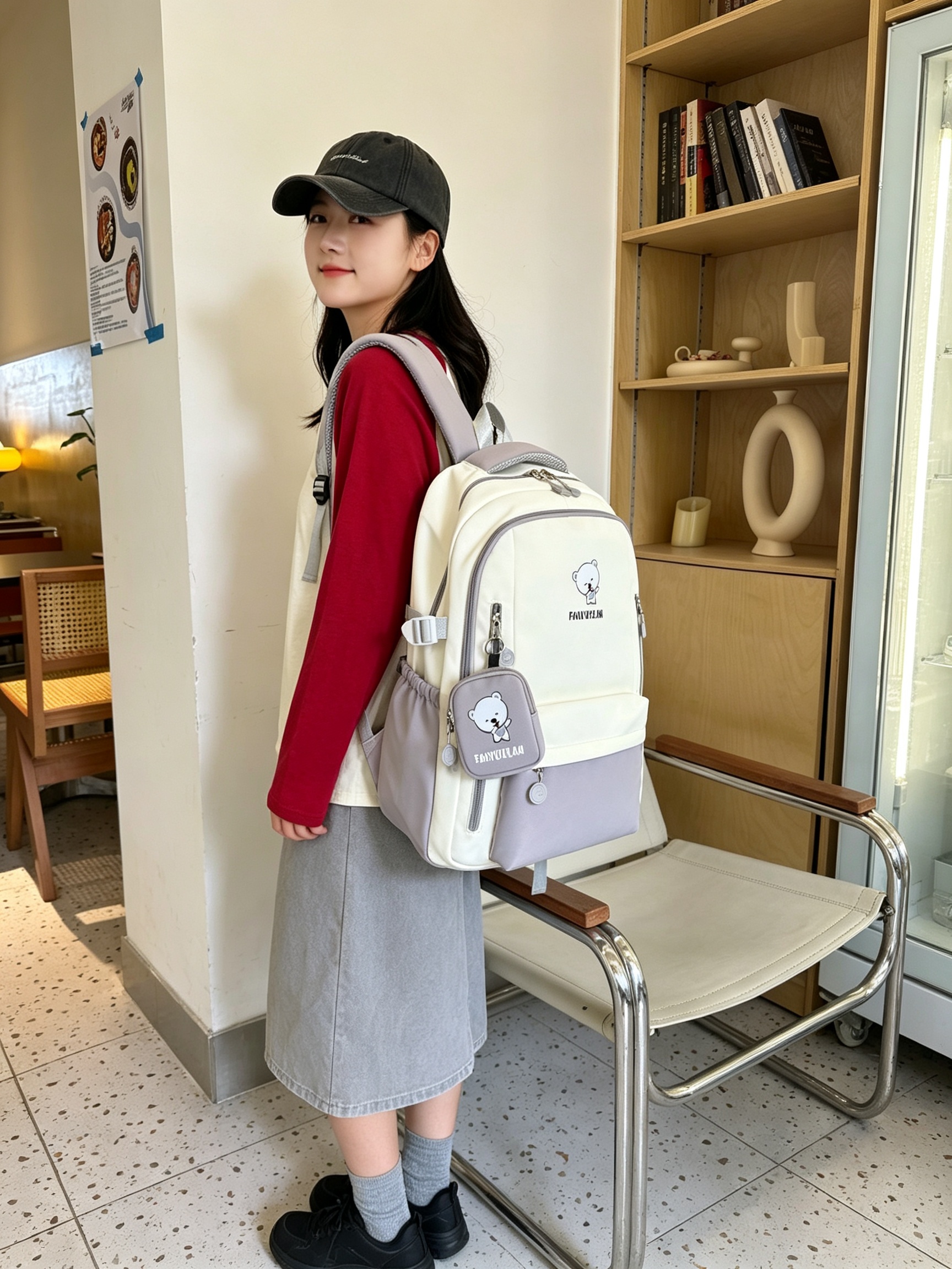 Multi-Color Bear Print Backpack with Charm