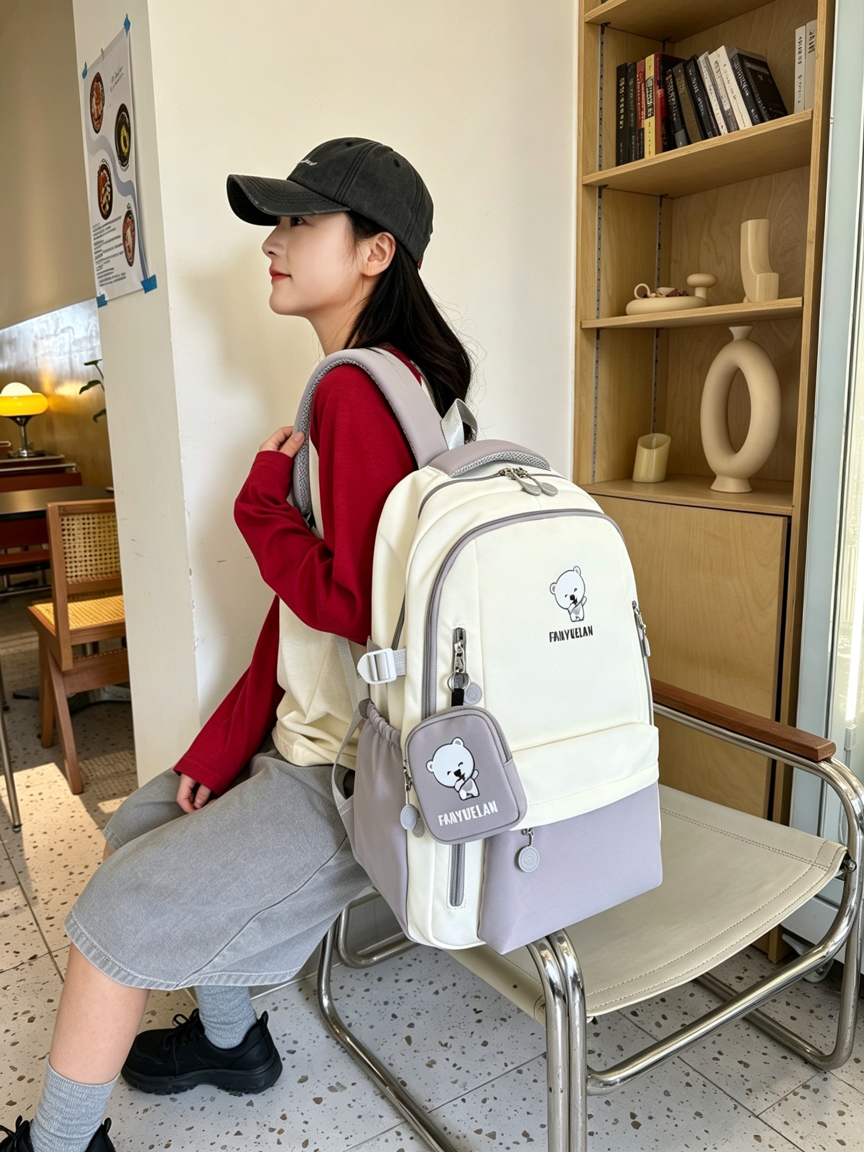 Multi-Color Bear Print Backpack with Charm