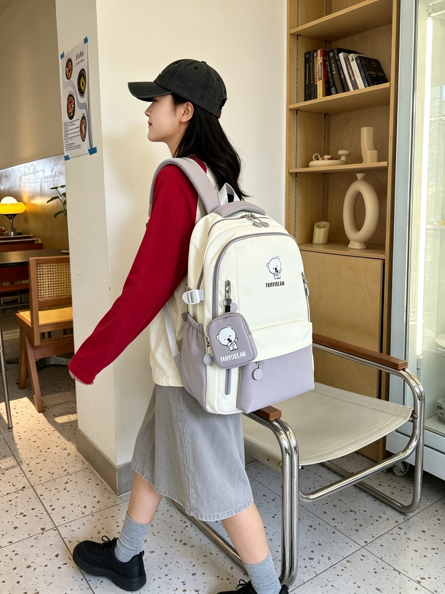 Multi-Color Bear Print Backpack with Charm