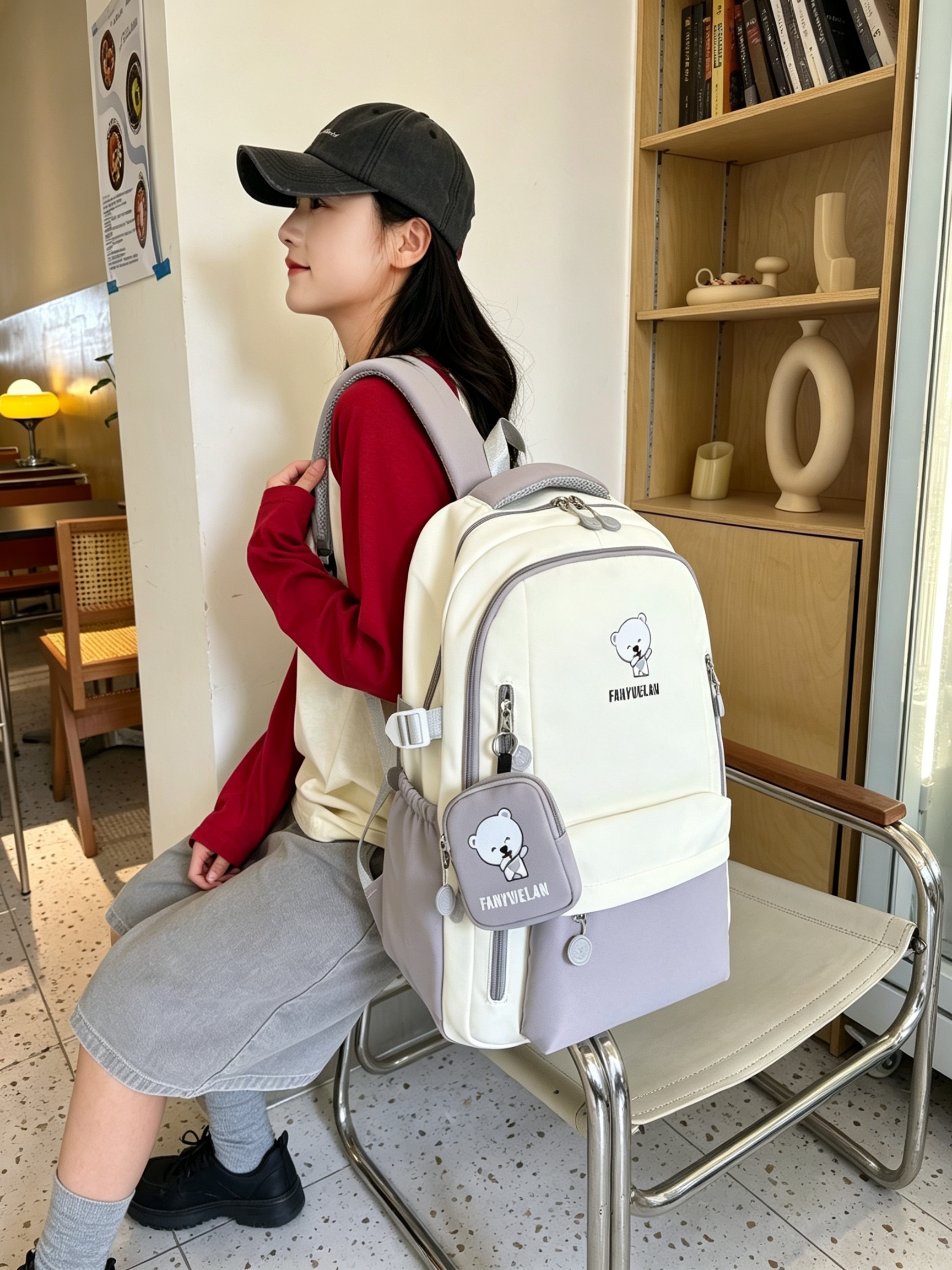 Multi-Color Bear Print Backpack with Charm