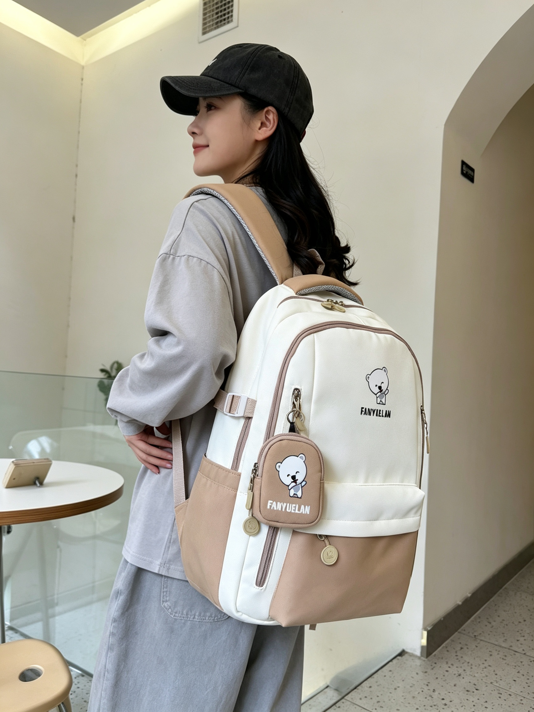 Khaki Bear Print Backpack 