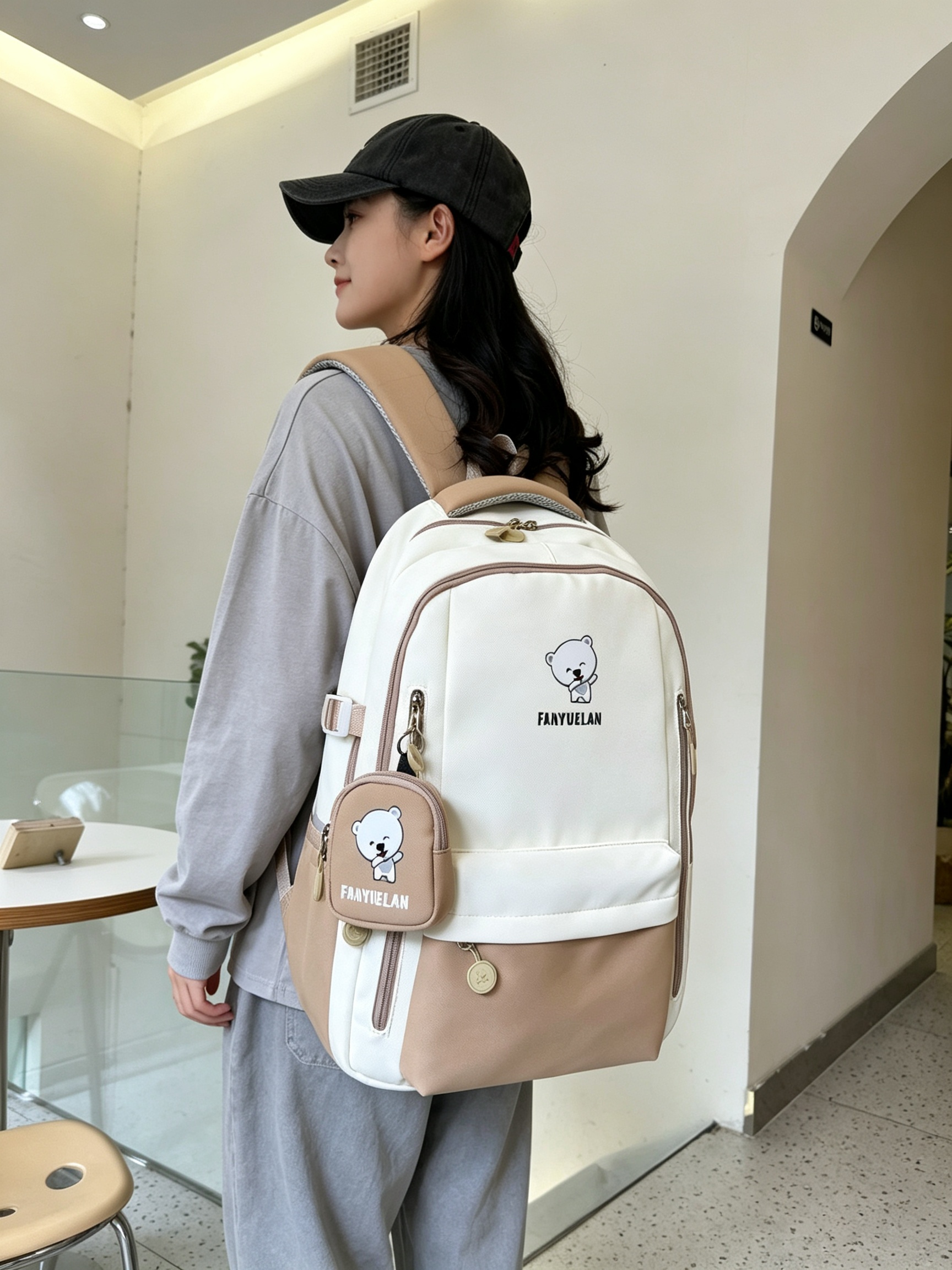 Khaki Bear Print Backpack 