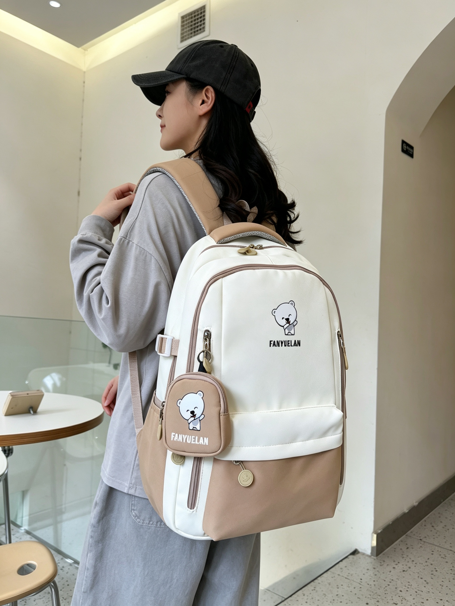 Khaki Bear Print Backpack 
