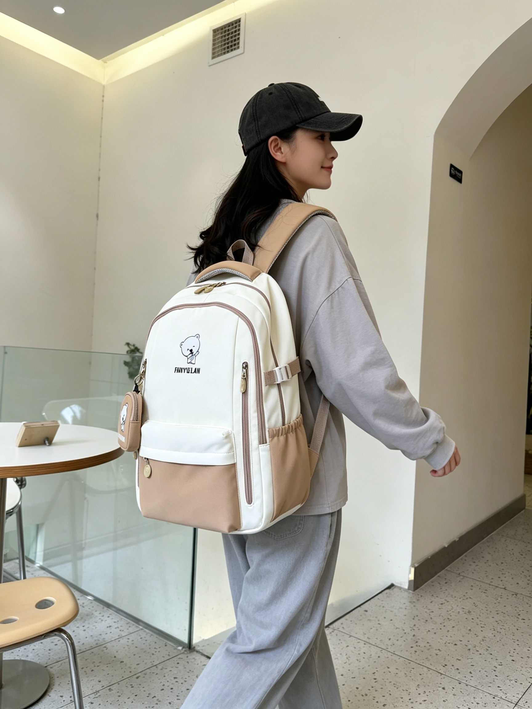 Khaki Bear Print Backpack 