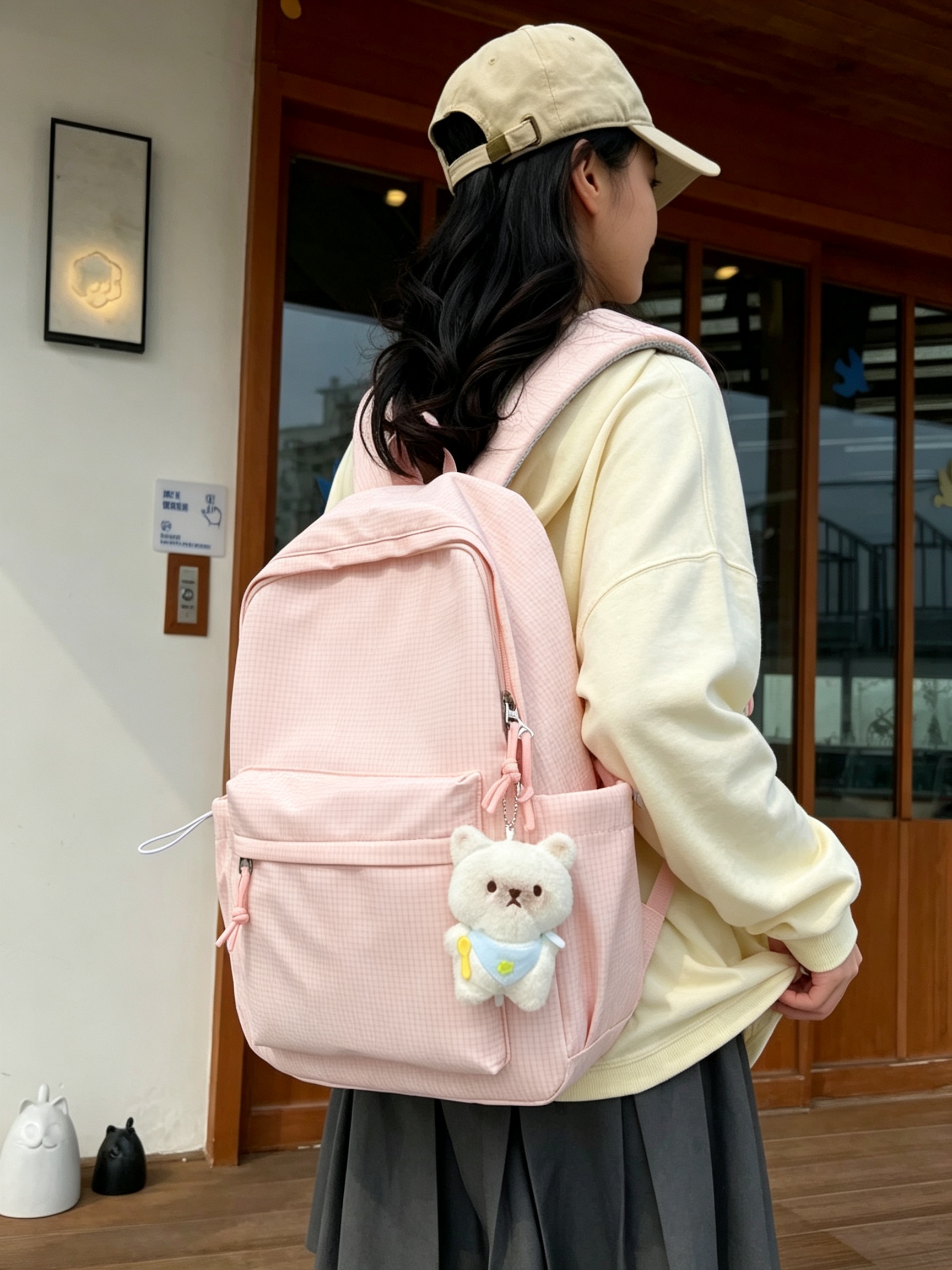 Peach Gingham Backpack with Bear Charm