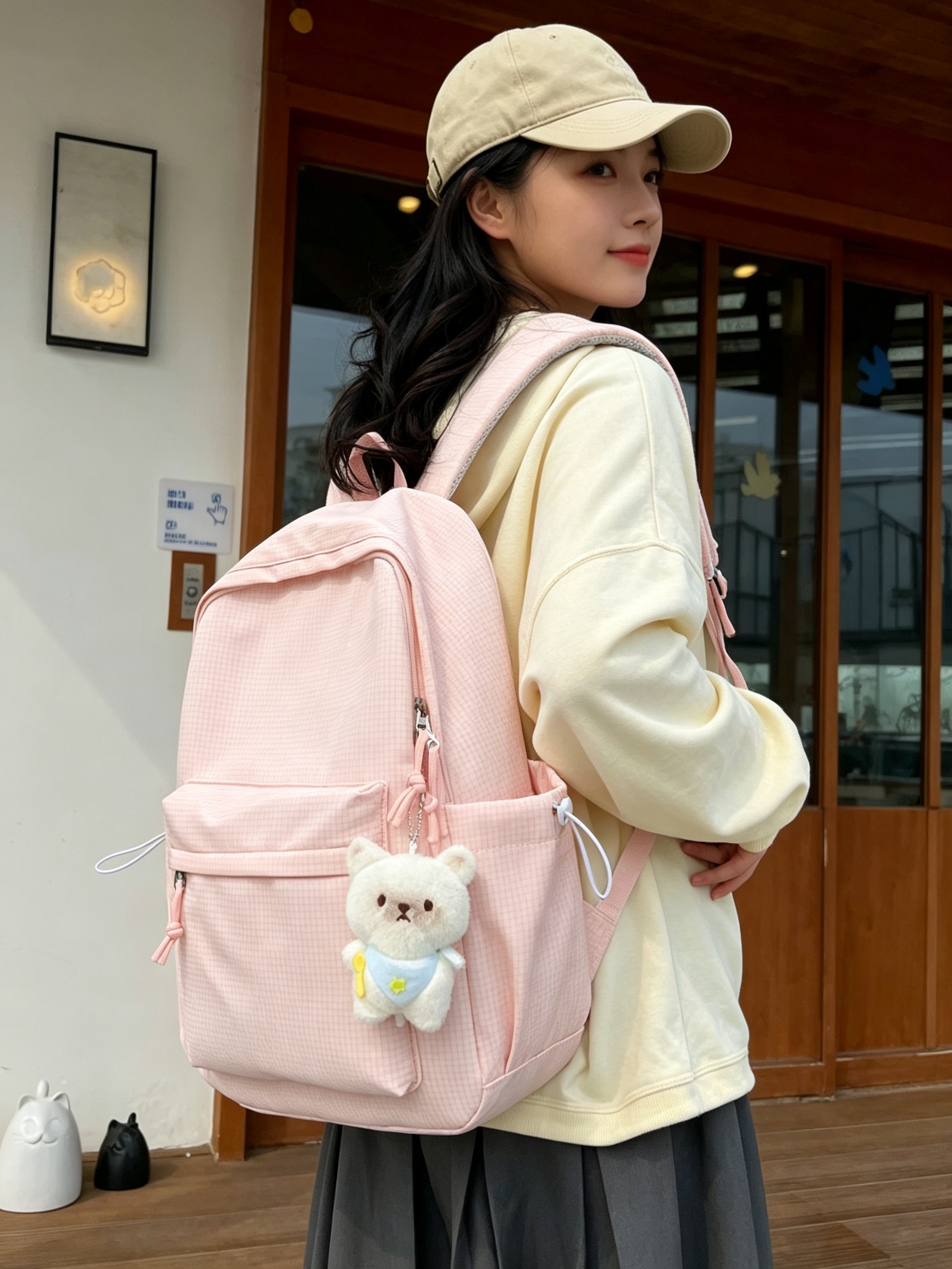 Peach Gingham Backpack with Bear Charm