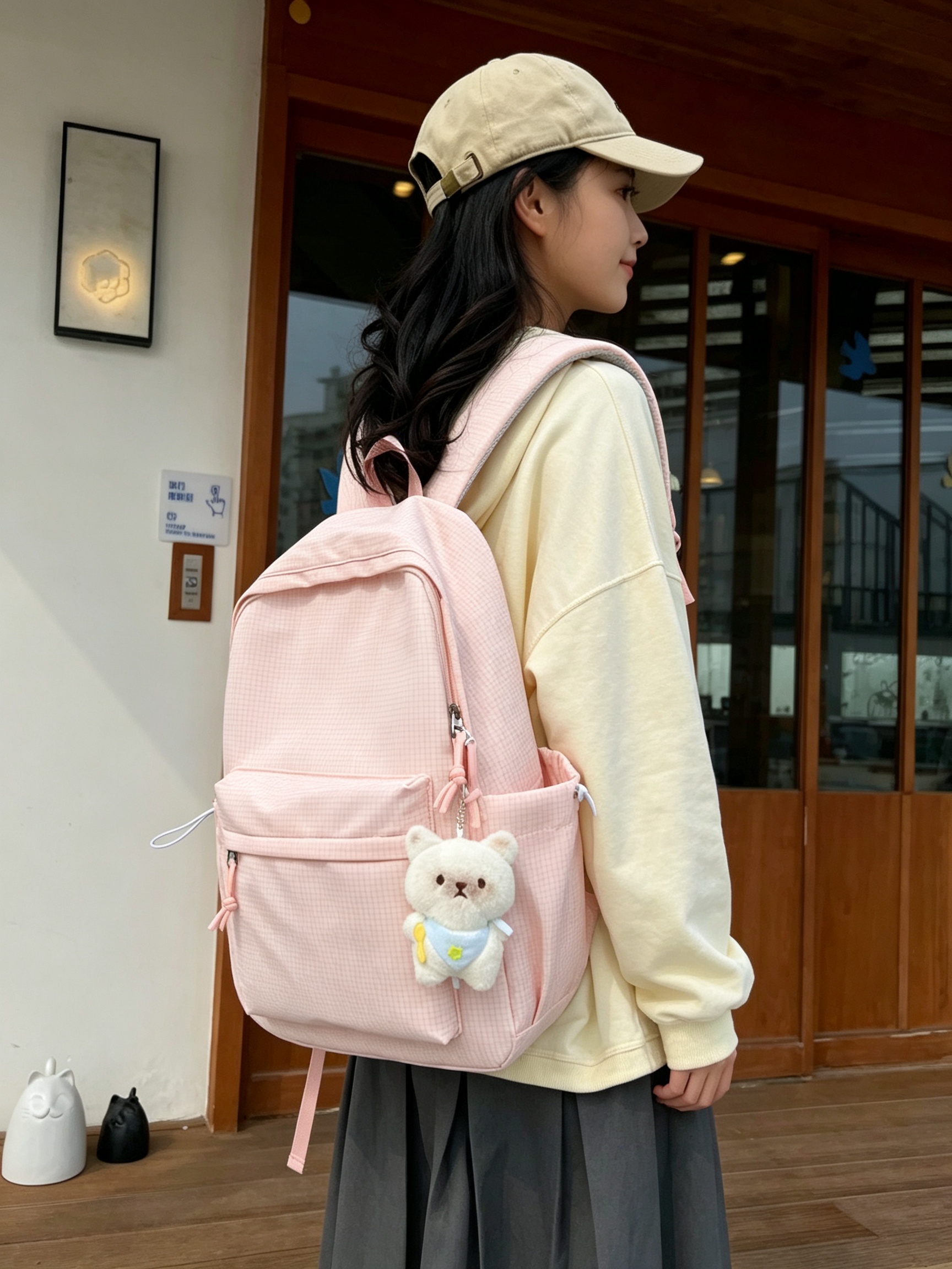 Peach Gingham Backpack with Bear Charm