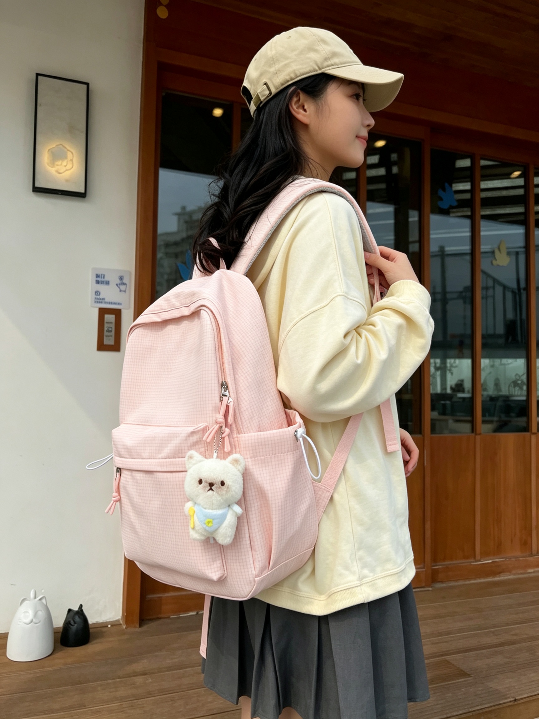 Peach Gingham Backpack with Bear Charm