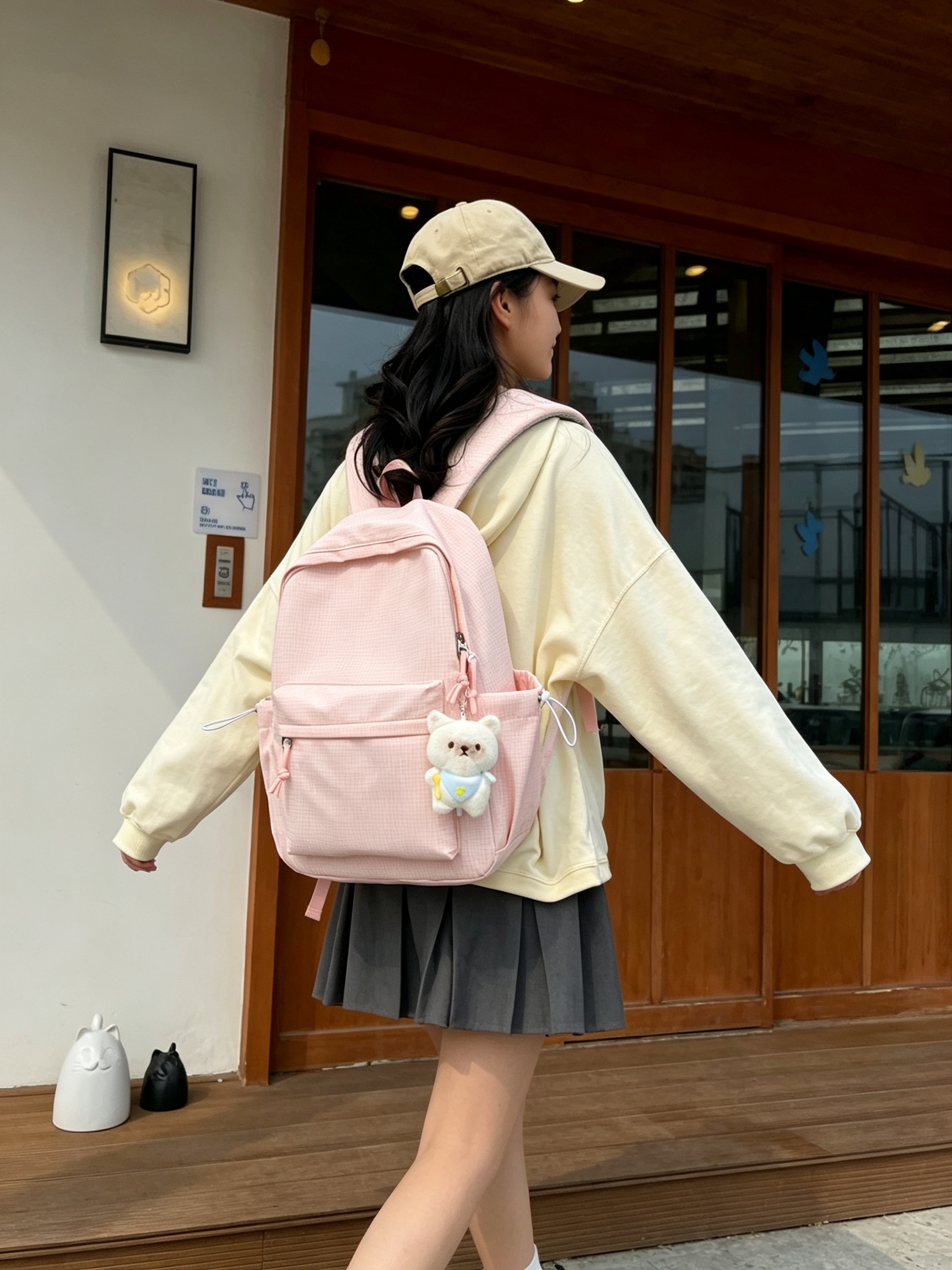 Peach Gingham Backpack with Bear Charm