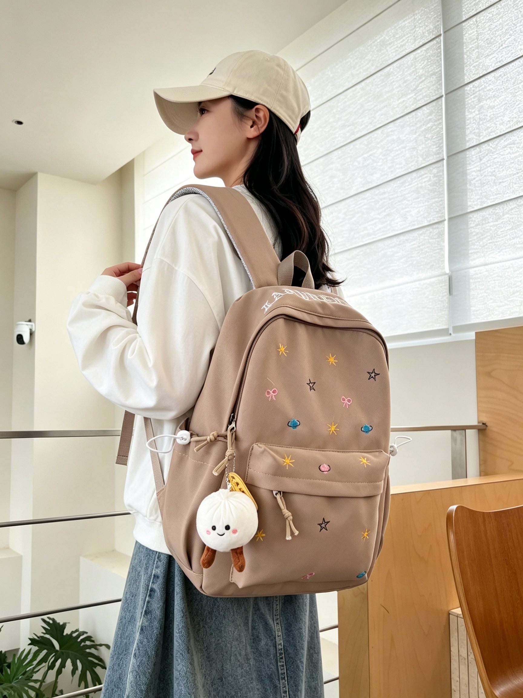 Khaki Embroidered Casual Backpack 