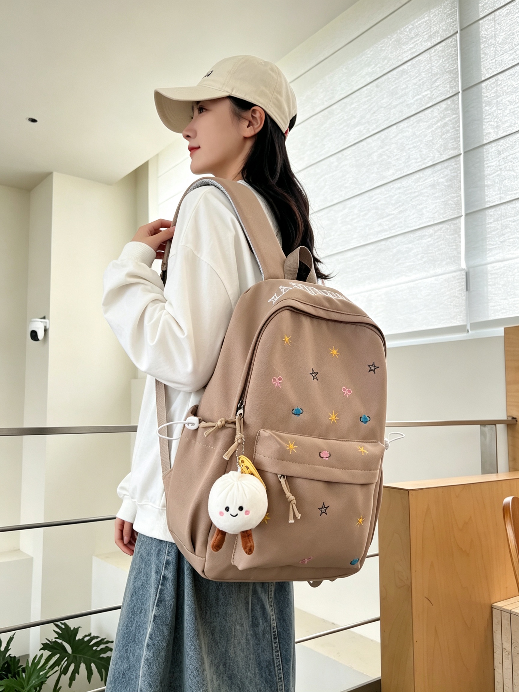 Khaki Embroidered Casual Backpack 