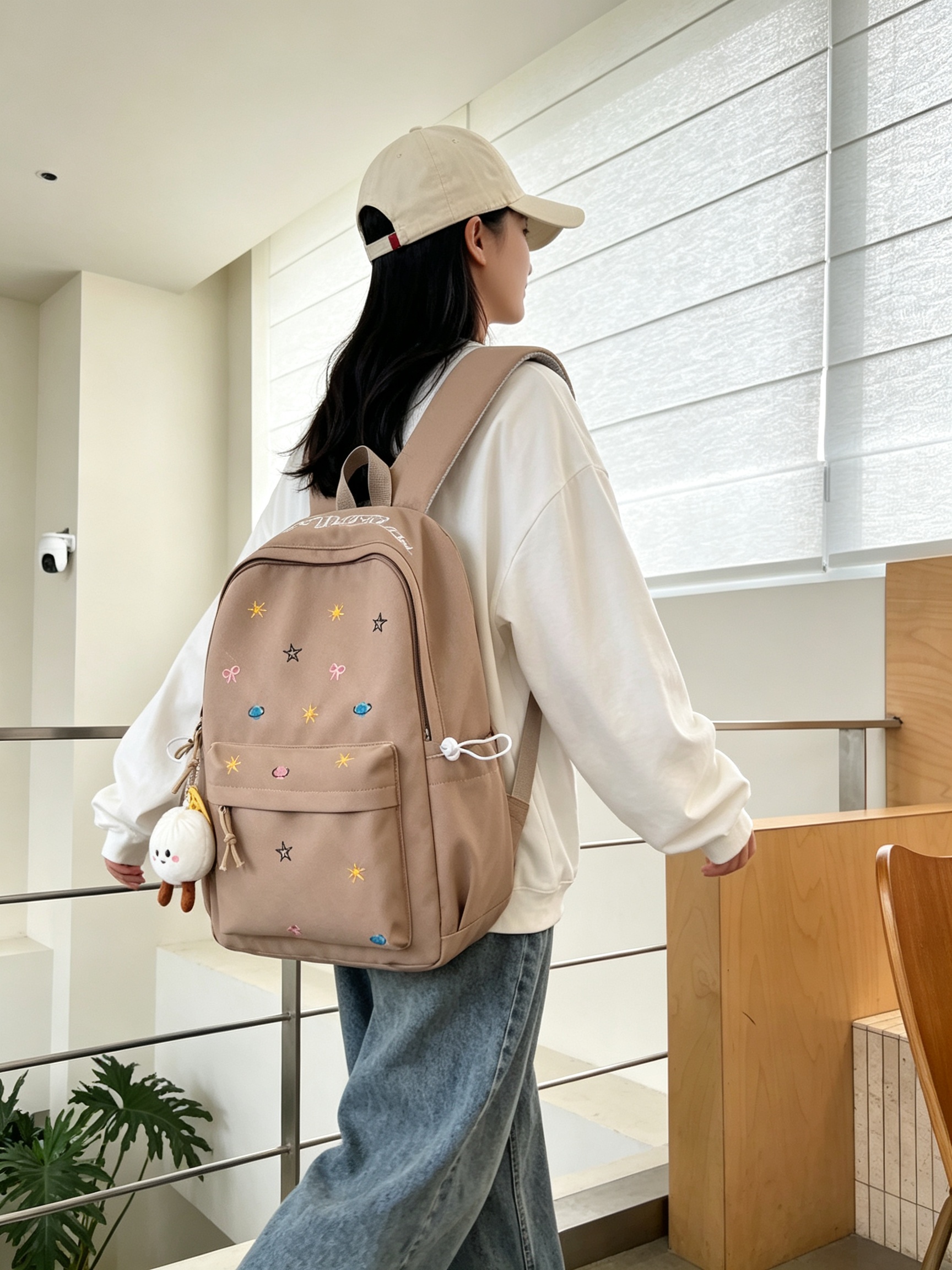 Khaki Embroidered Casual Backpack 