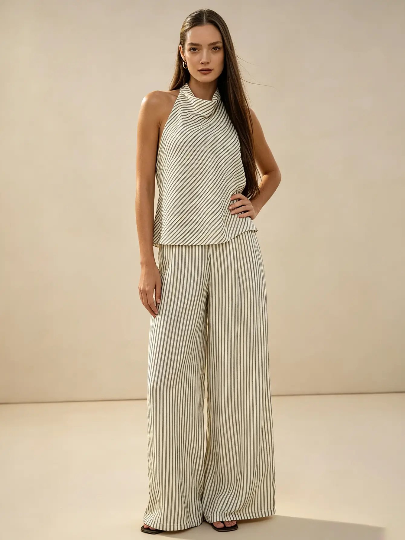 Beige Striped Halter Top and Wide Leg Pants Co-Ord Set