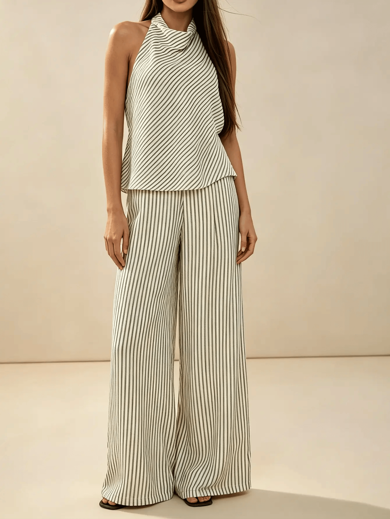Beige Striped Halter Top and Wide Leg Pants Co-Ord Set