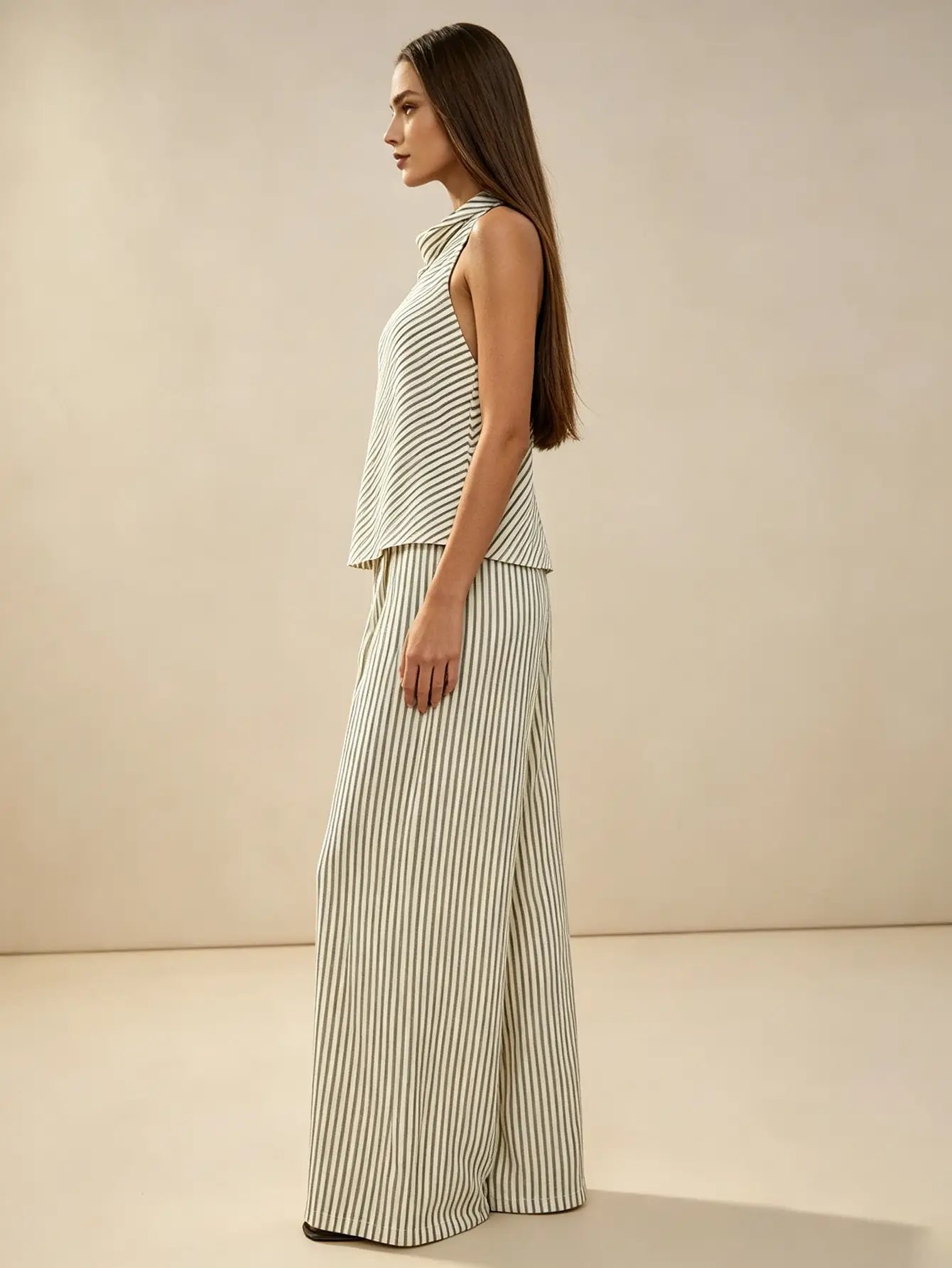 Beige Striped Halter Top and Wide Leg Pants Co-Ord Set
