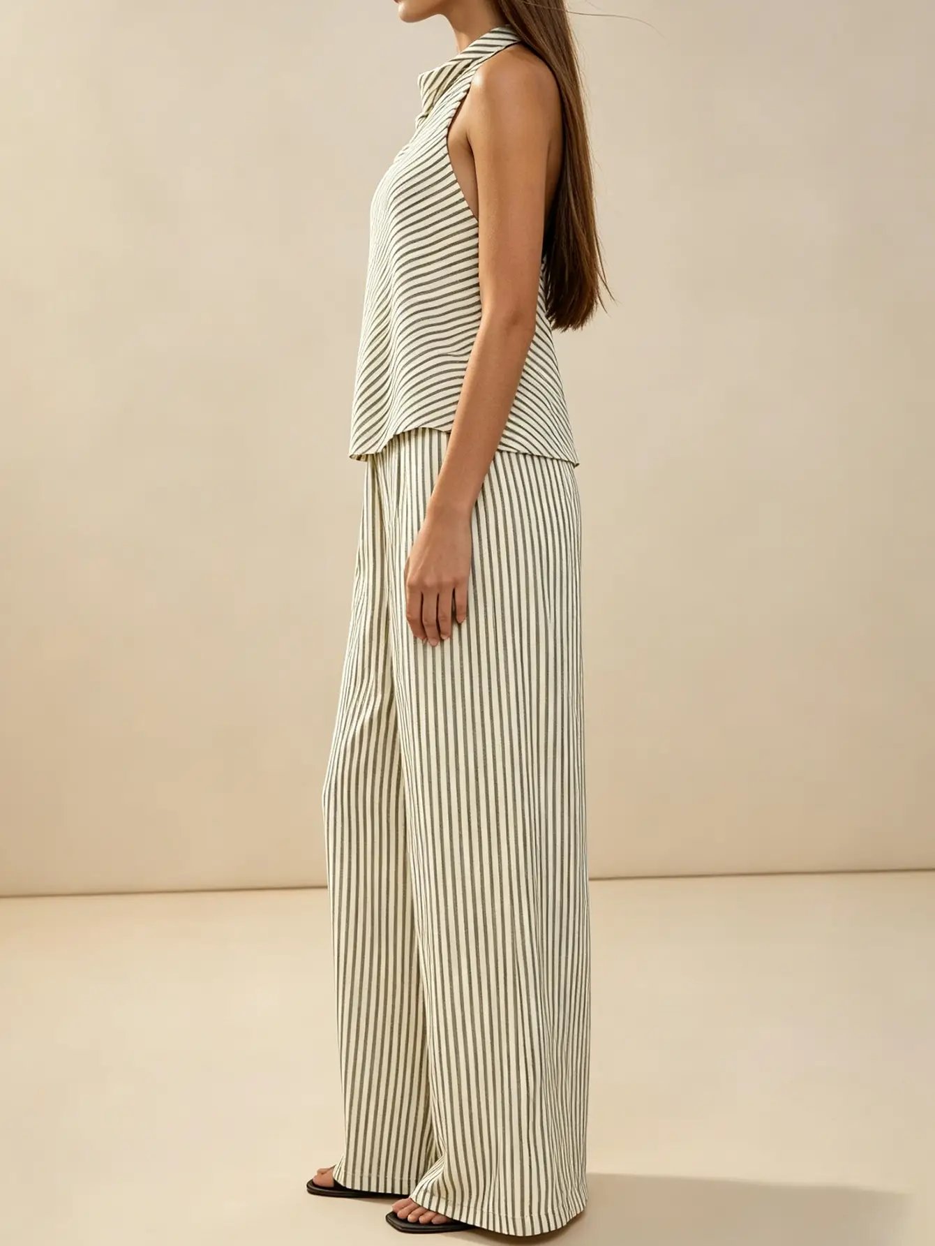 Beige Striped Halter Top and Wide Leg Pants Co-Ord Set