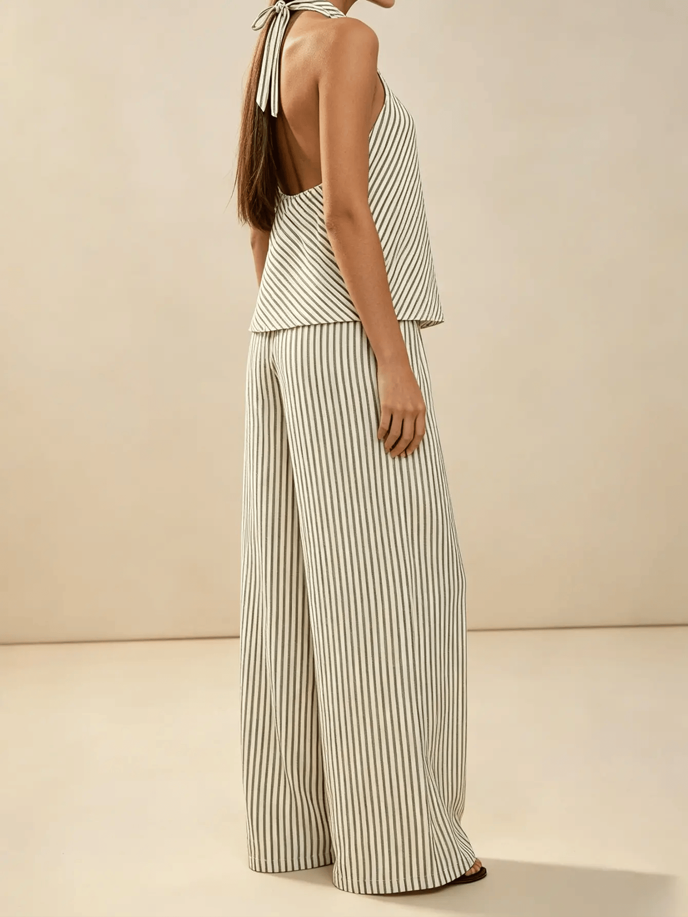 Beige Striped Halter Top and Wide Leg Pants Co-Ord Set