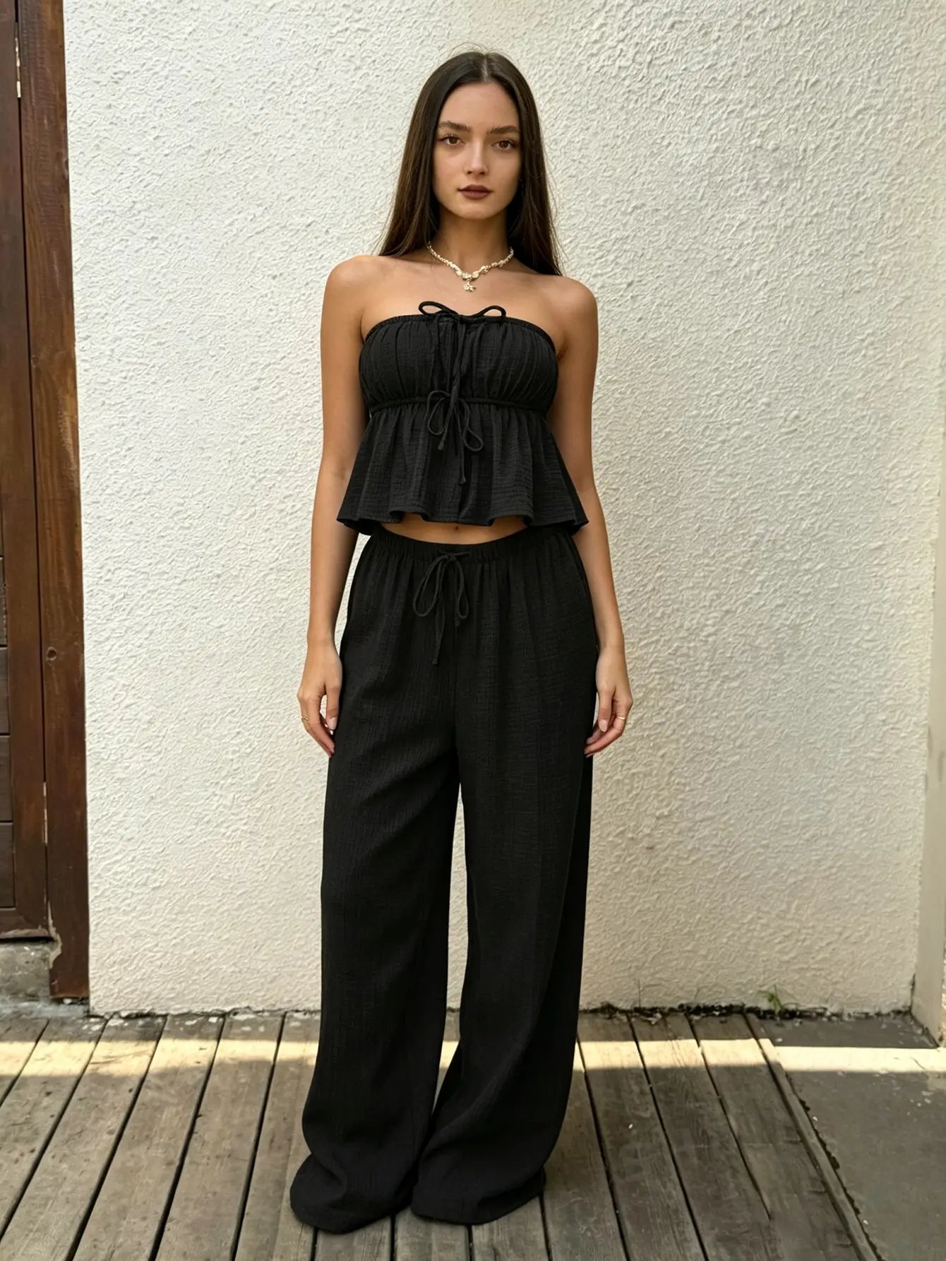Black Strapless Top and Wide-Leg Pants Co-Ord Set