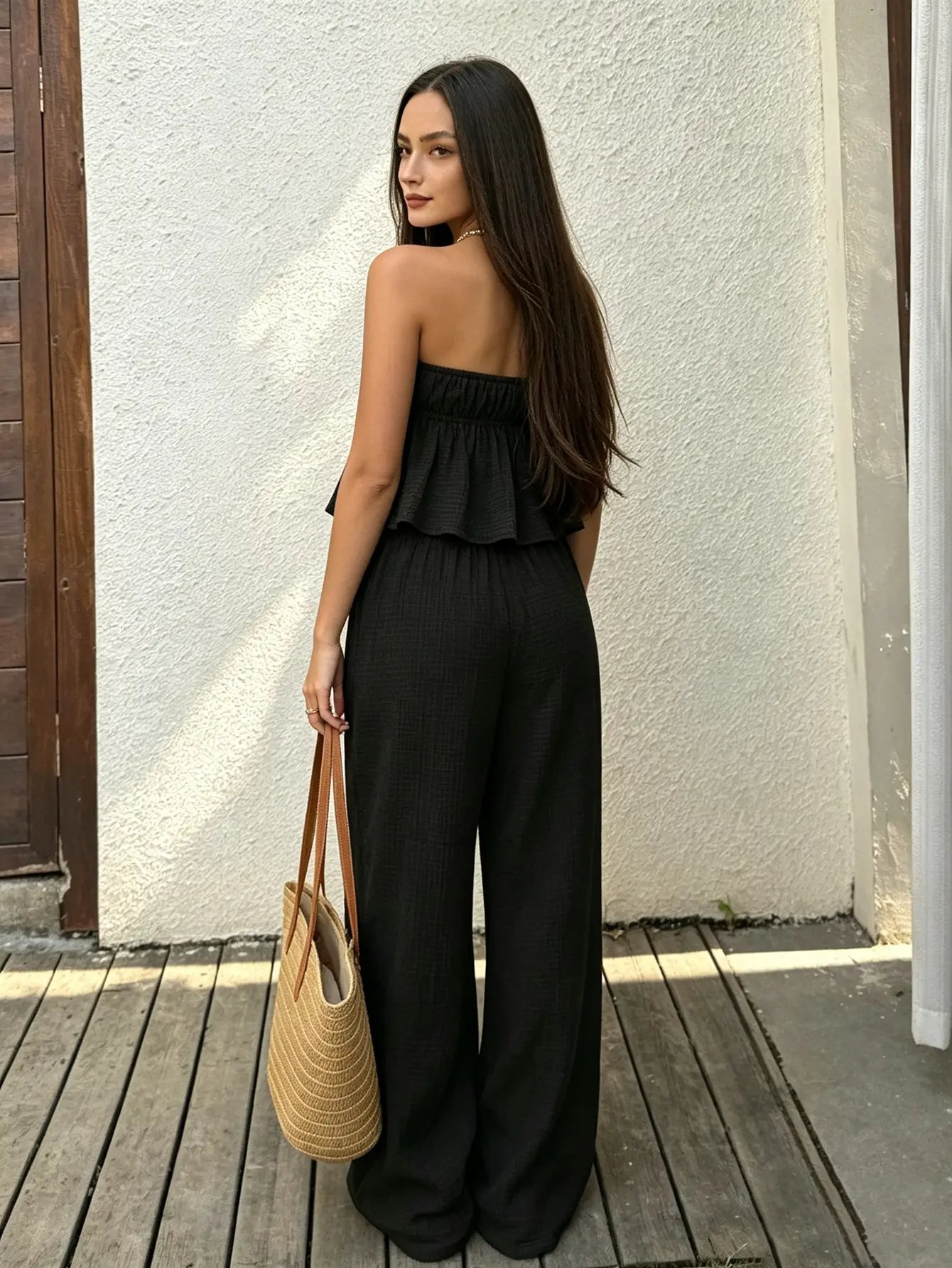 Black Strapless Top and Wide-Leg Pants Co-Ord Set