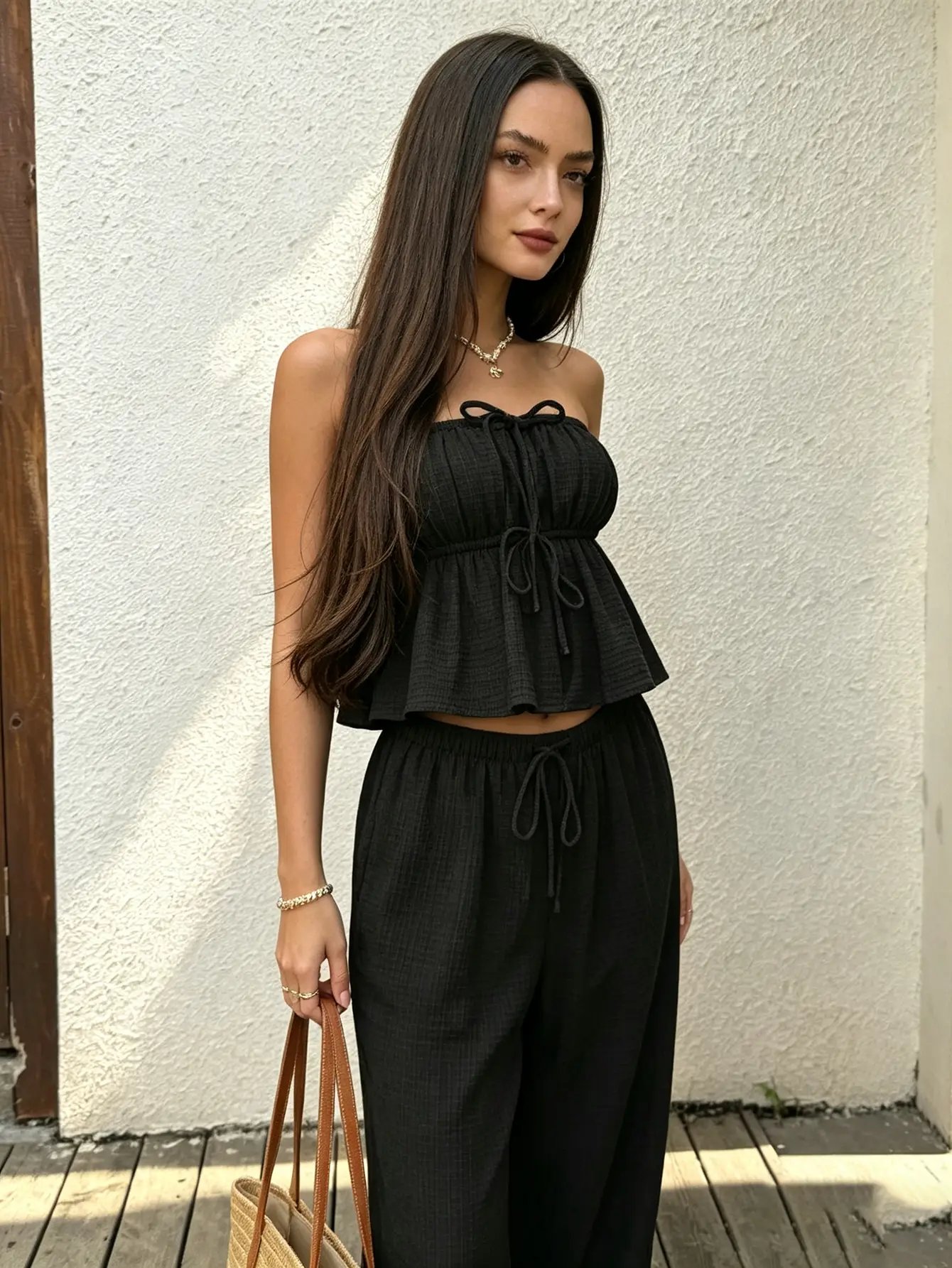 Black Strapless Top and Wide-Leg Pants Co-Ord Set