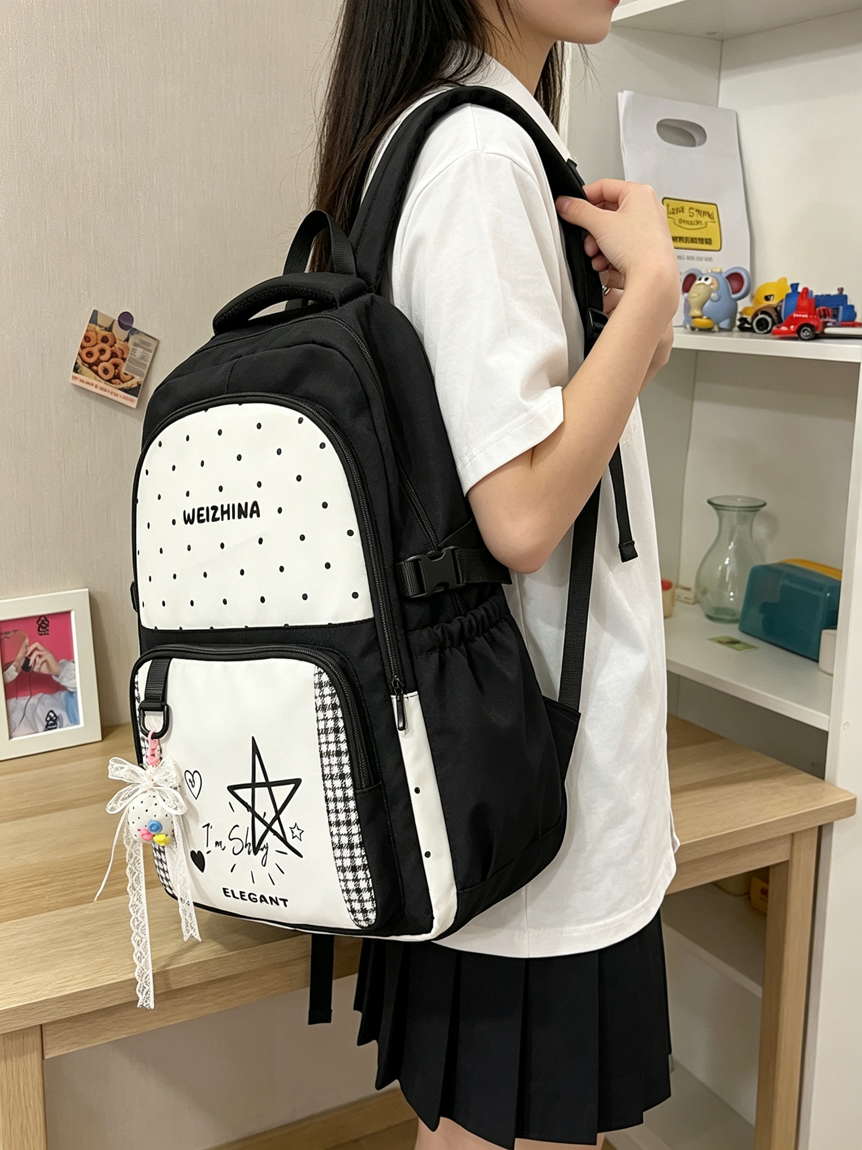 Black Polka Dot and Houndstooth Backpack
