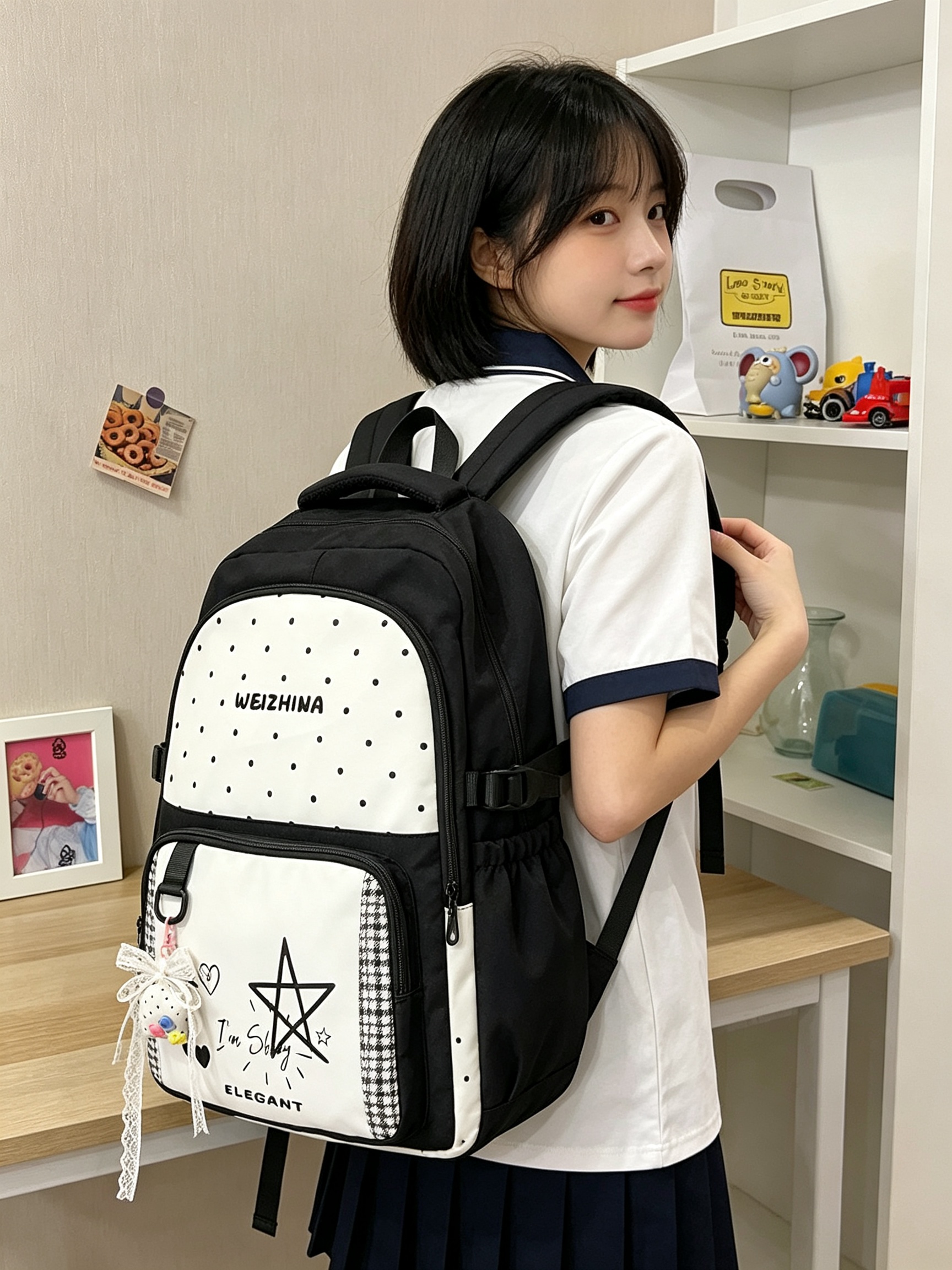 Black Polka Dot and Houndstooth Backpack